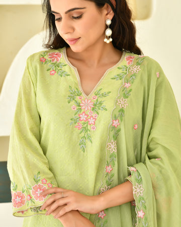 Avira Green Embroidered Kurta Set with Farshi Pants & Dupatta