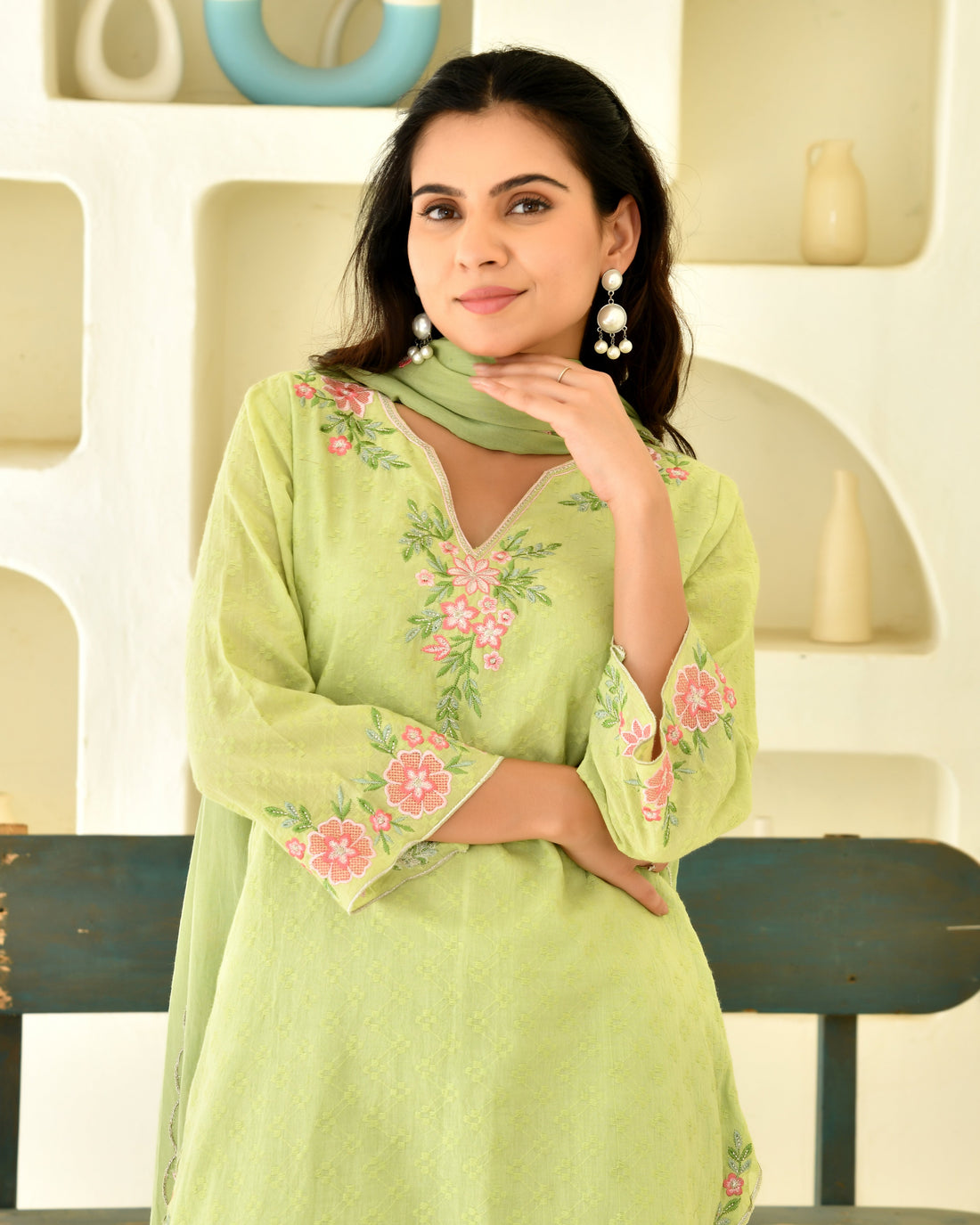 Avira Green Embroidered Kurta Set with Farshi Pants & Dupatta