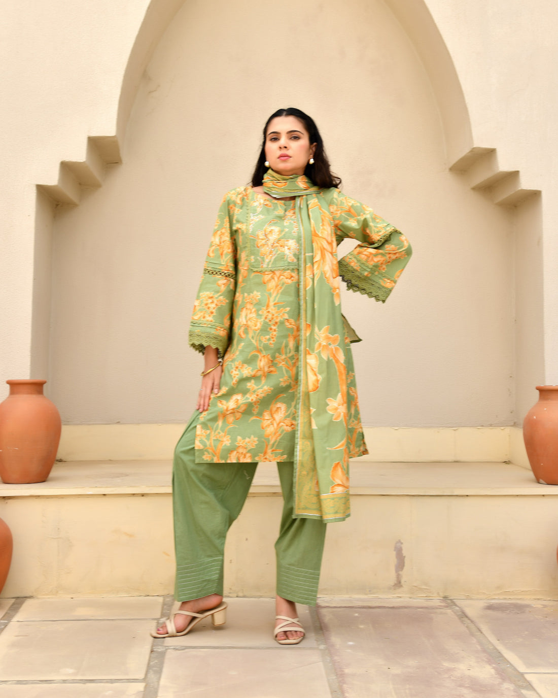 Amrita Green Floral Cotton Kurta Set with Farshi Pants & Dupatta