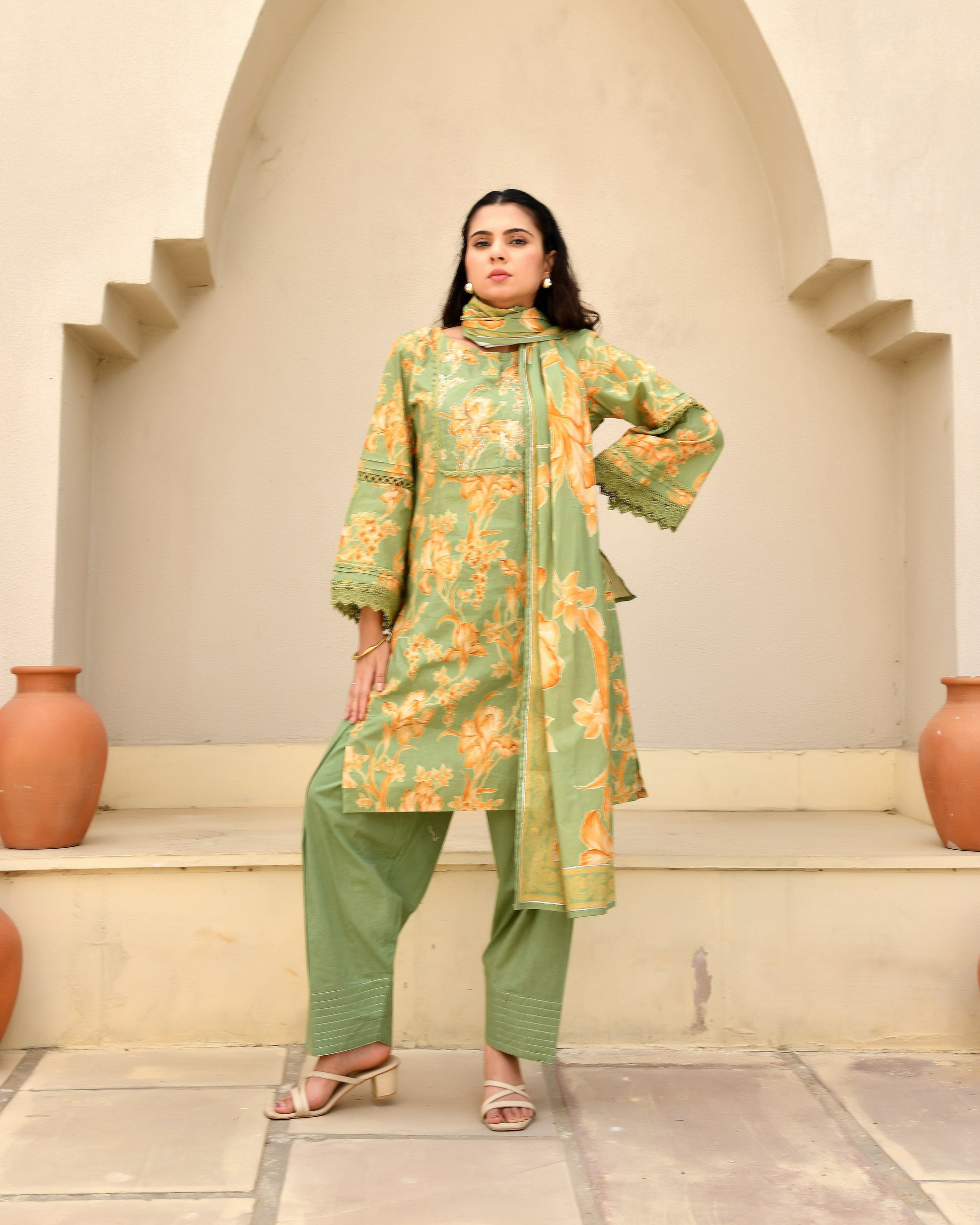 Amrita Green Floral Cotton Kurta Set with Farshi Pants & Dupatta
