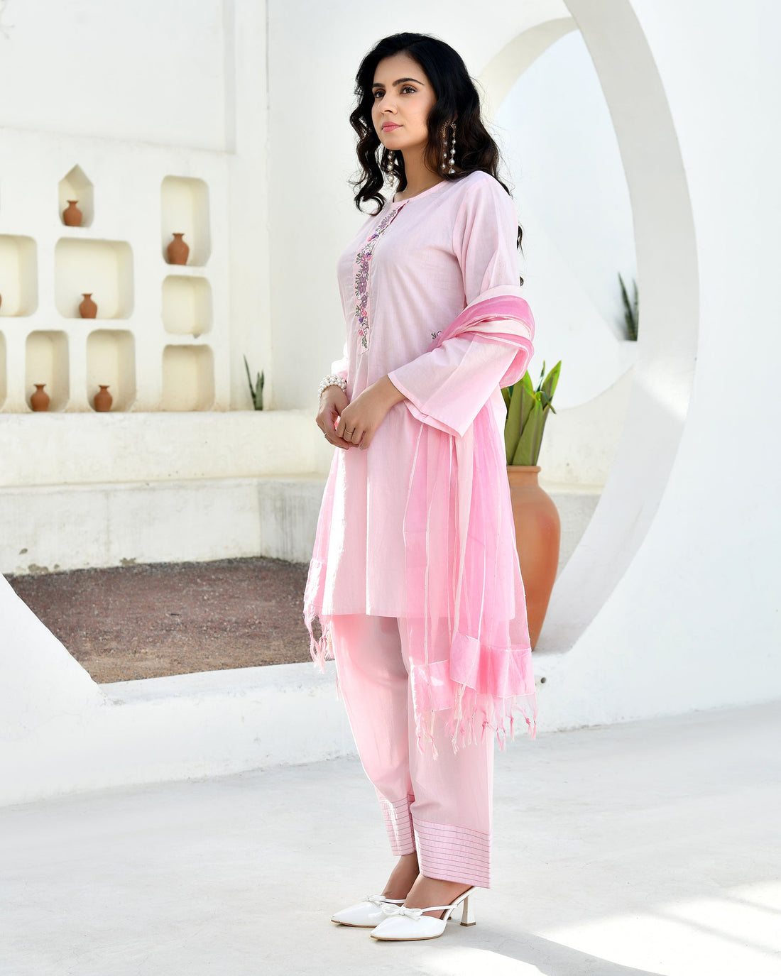 Gulabo Pink Cotton Kurta Set with Farshi Pants & Dupatta