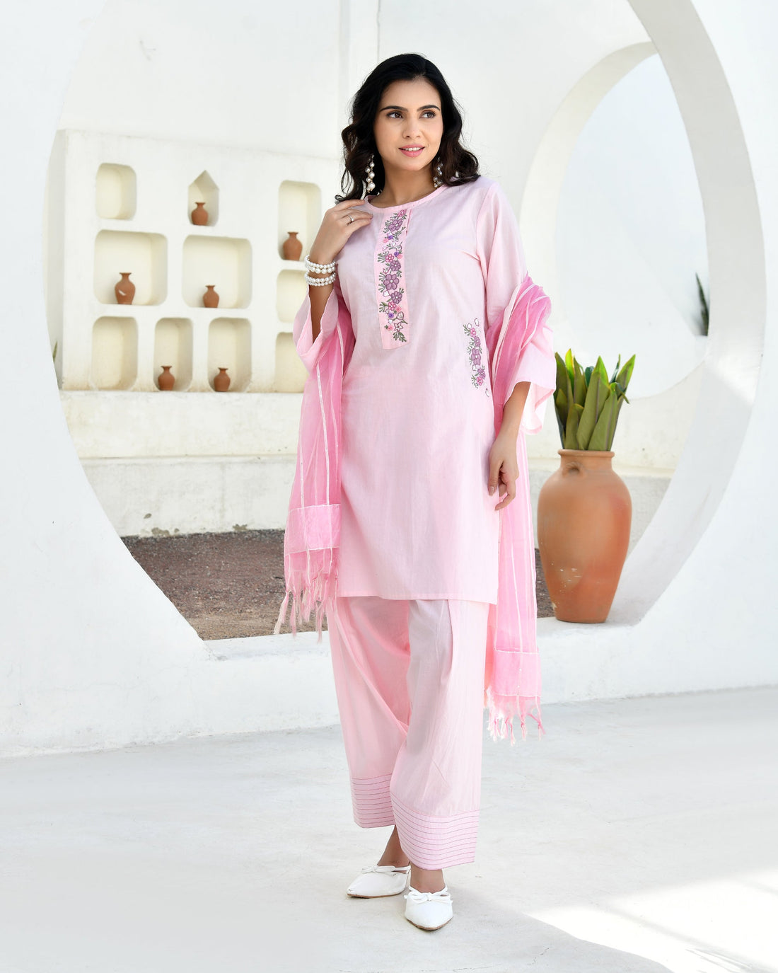 Gulabo Pink Cotton Kurta Set with Farshi Pants & Dupatta
