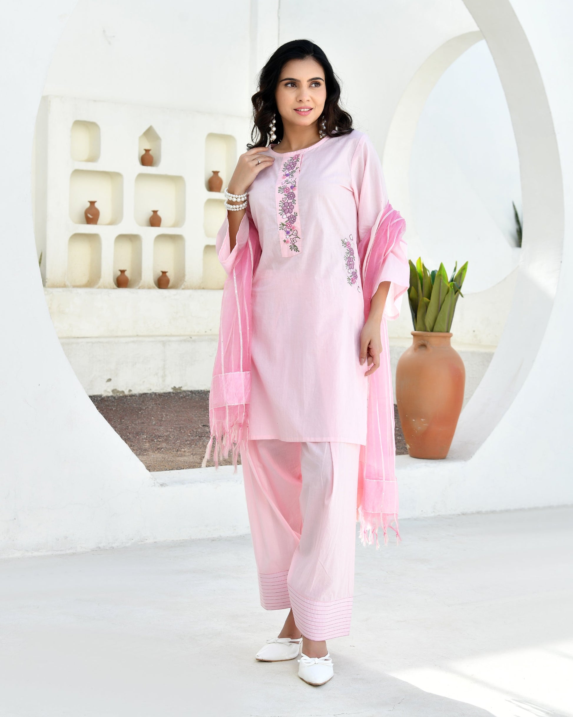 Gulabo Pink Cotton Kurta Set with Farshi Pants & Dupatta