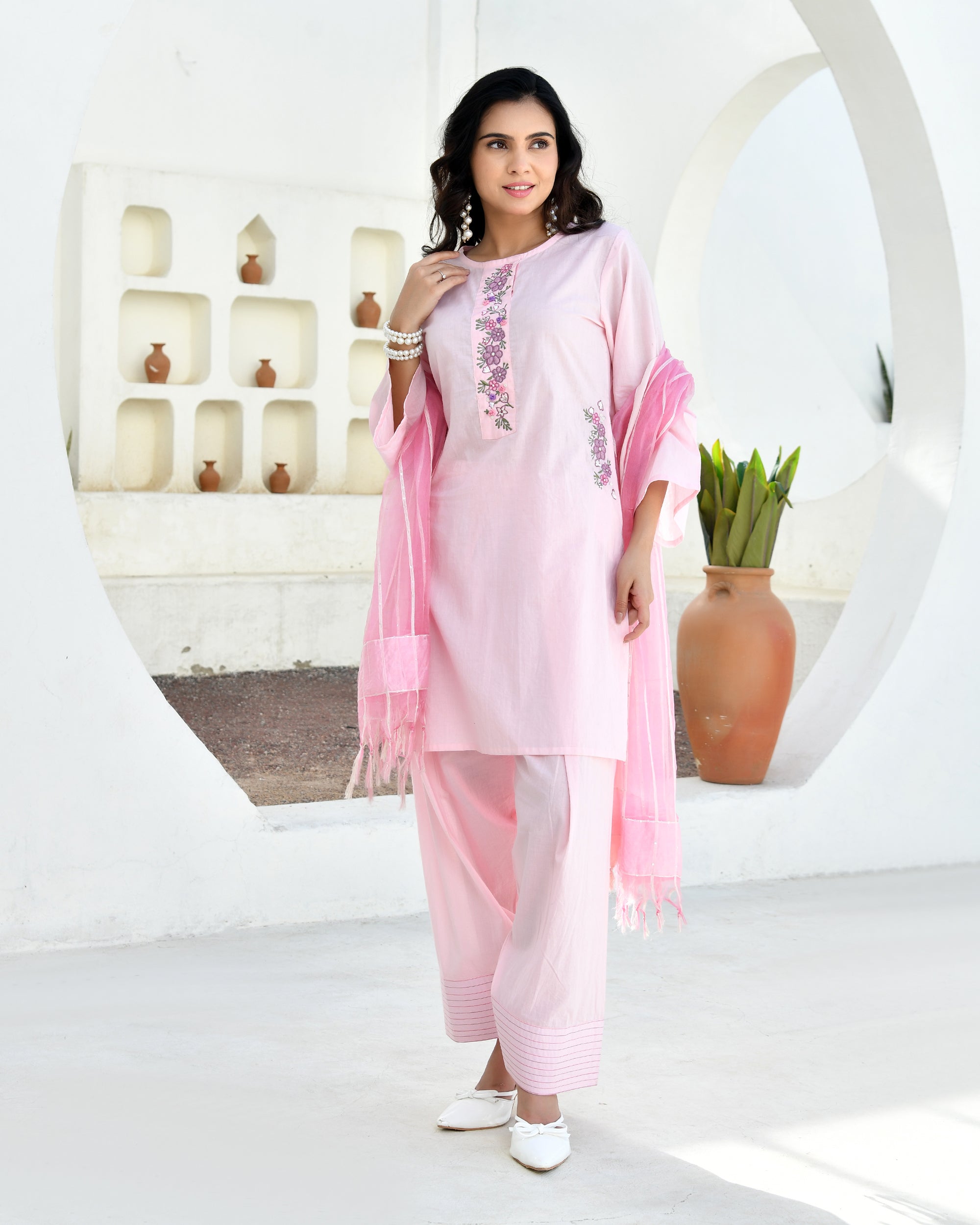 Gulabo Pink Cotton Kurta Set with Farshi Pants & Dupatta