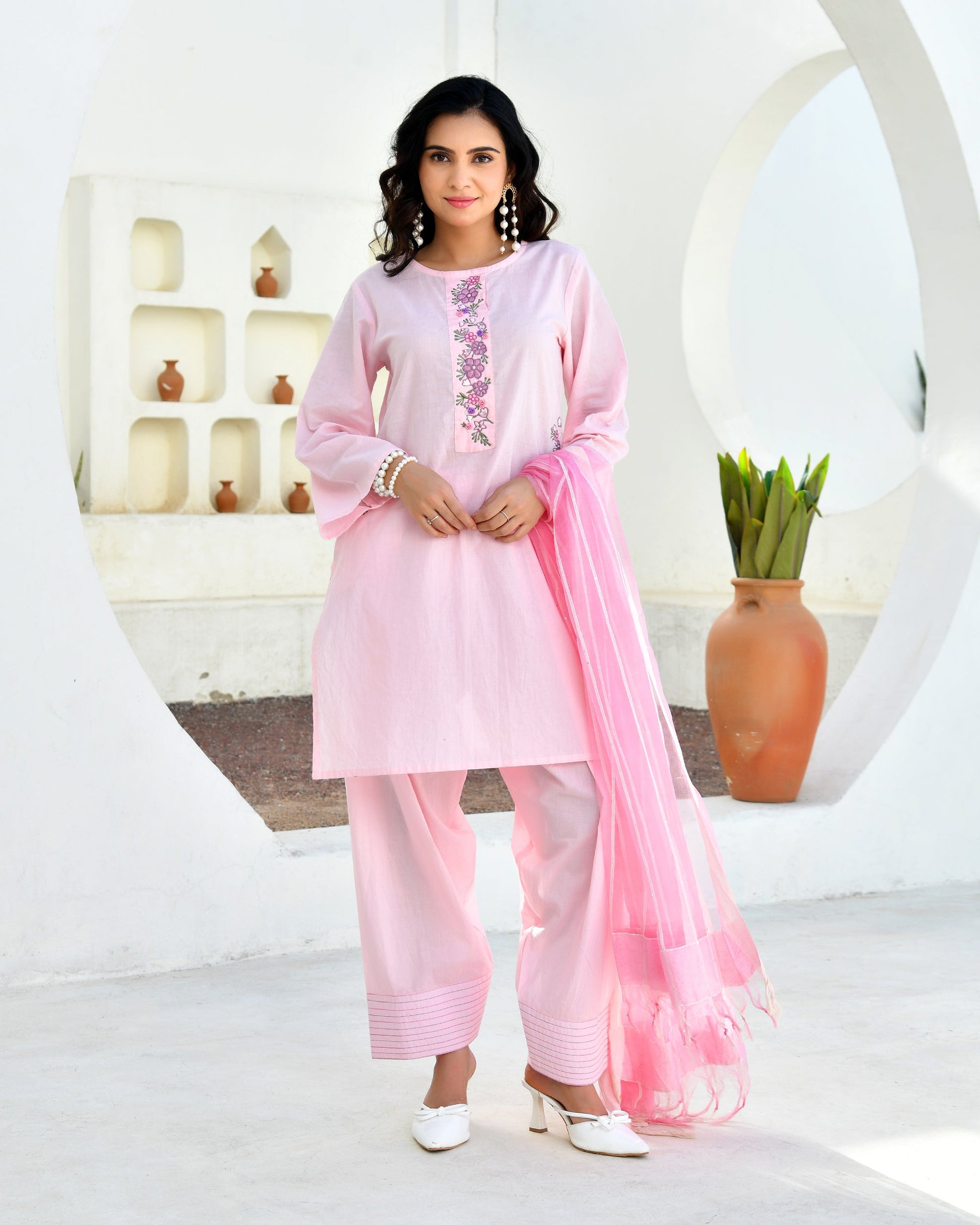Gulabo Pink Cotton Kurta Set with Farshi Pants & Dupatta
