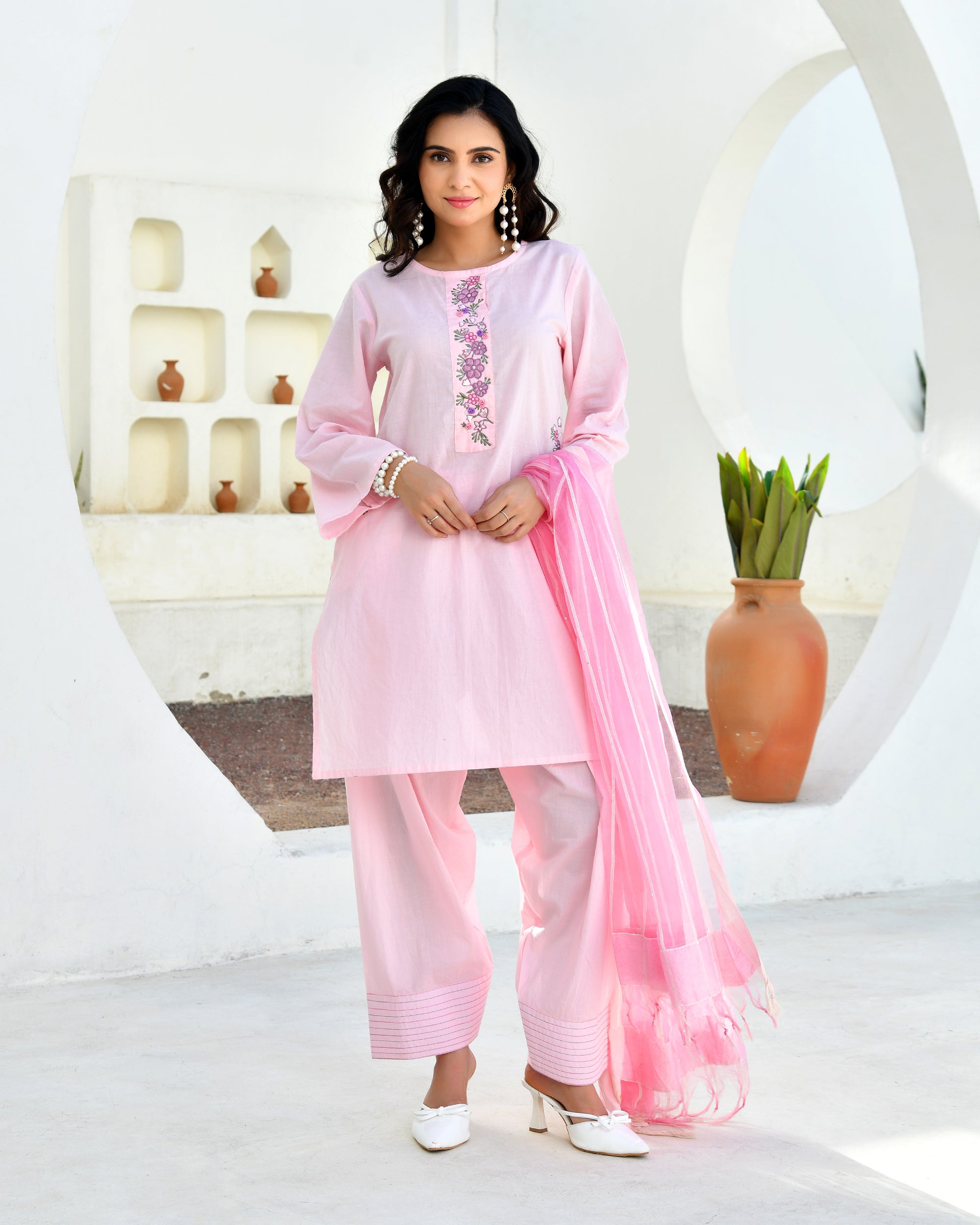 Gulabo Pink Cotton Kurta Set with Farshi Pants & Dupatta