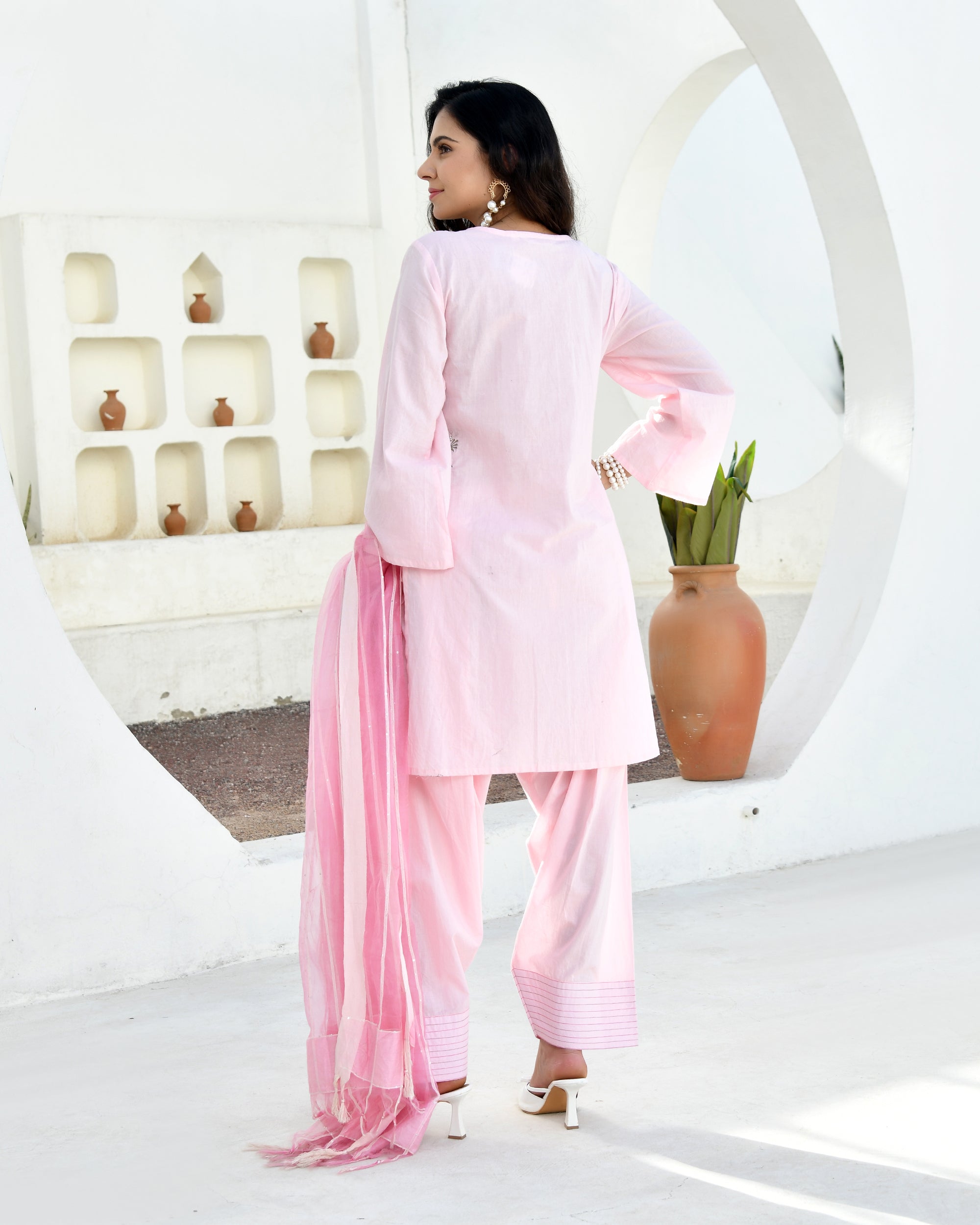 Gulabo Pink Cotton Kurta Set with Farshi Pants & Dupatta