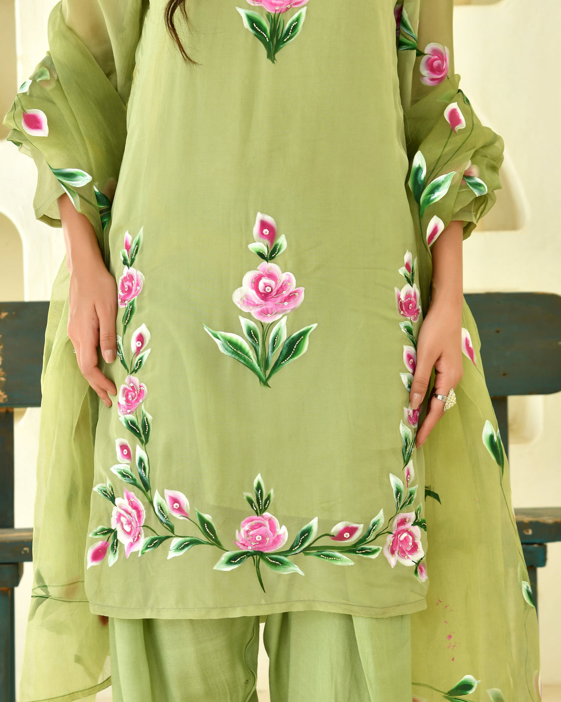 Sage Bloom Green Brush-Painted Organza Kurta Set with Farshi Pants & Dupatta