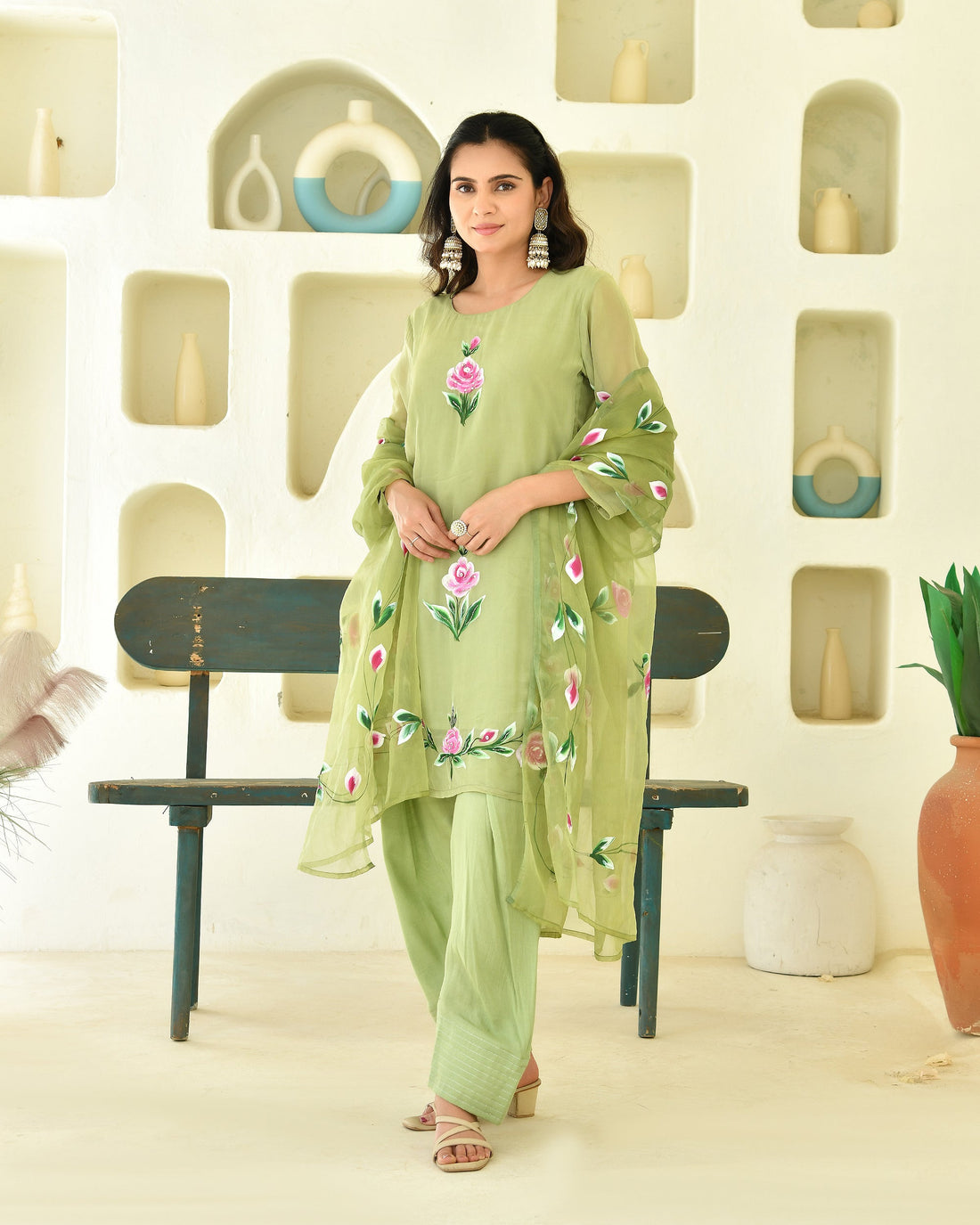 Sage Bloom Green Brush-Painted Organza Kurta Set with Farshi Pants & Dupatta