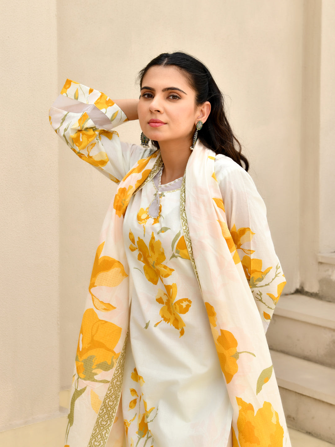 Kanak Yellow Floral Cotton Kurta Set with Farshi Pants & Dupatta
