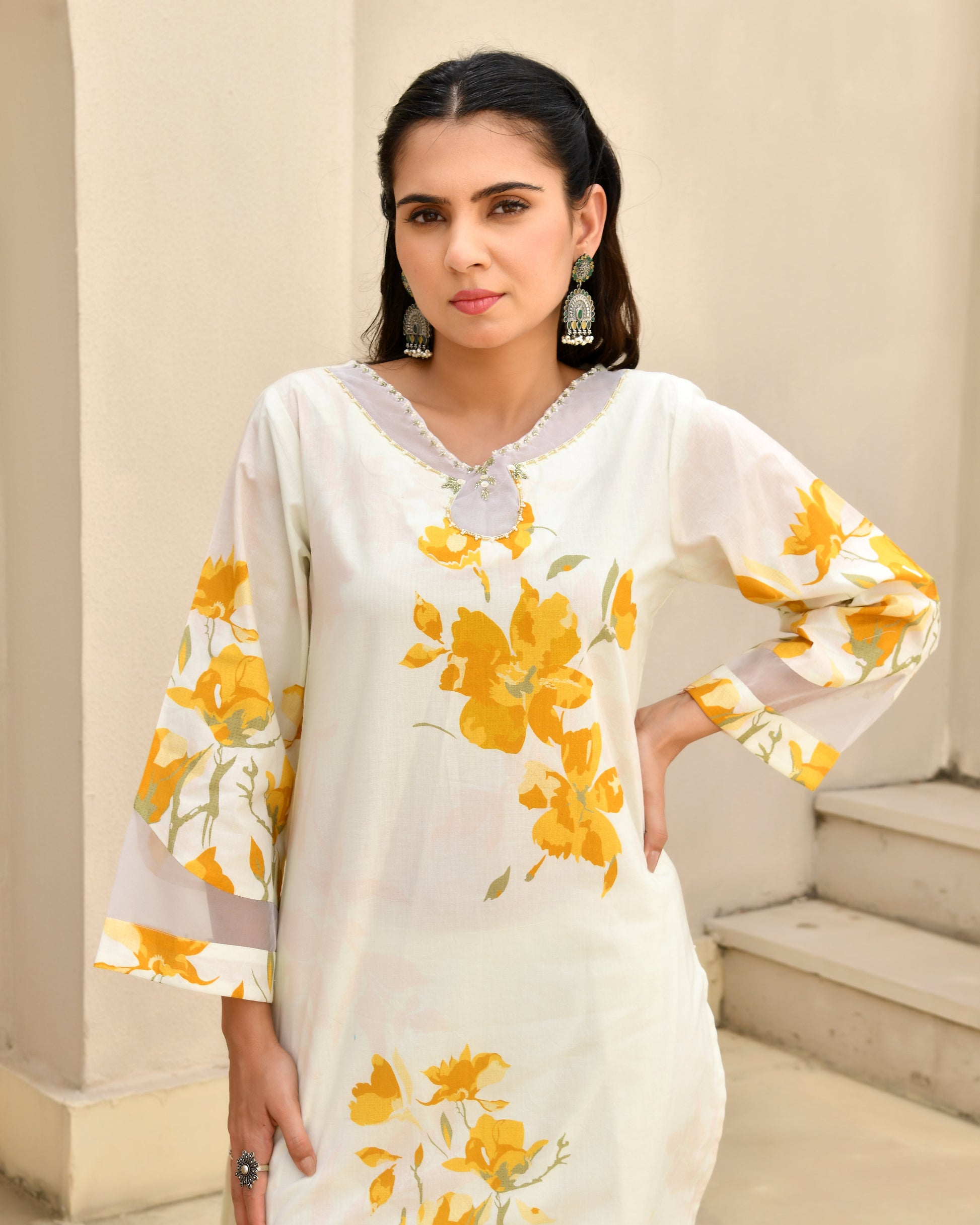 Kanak Yellow Floral Cotton Kurta Set with Farshi Pants & Dupatta