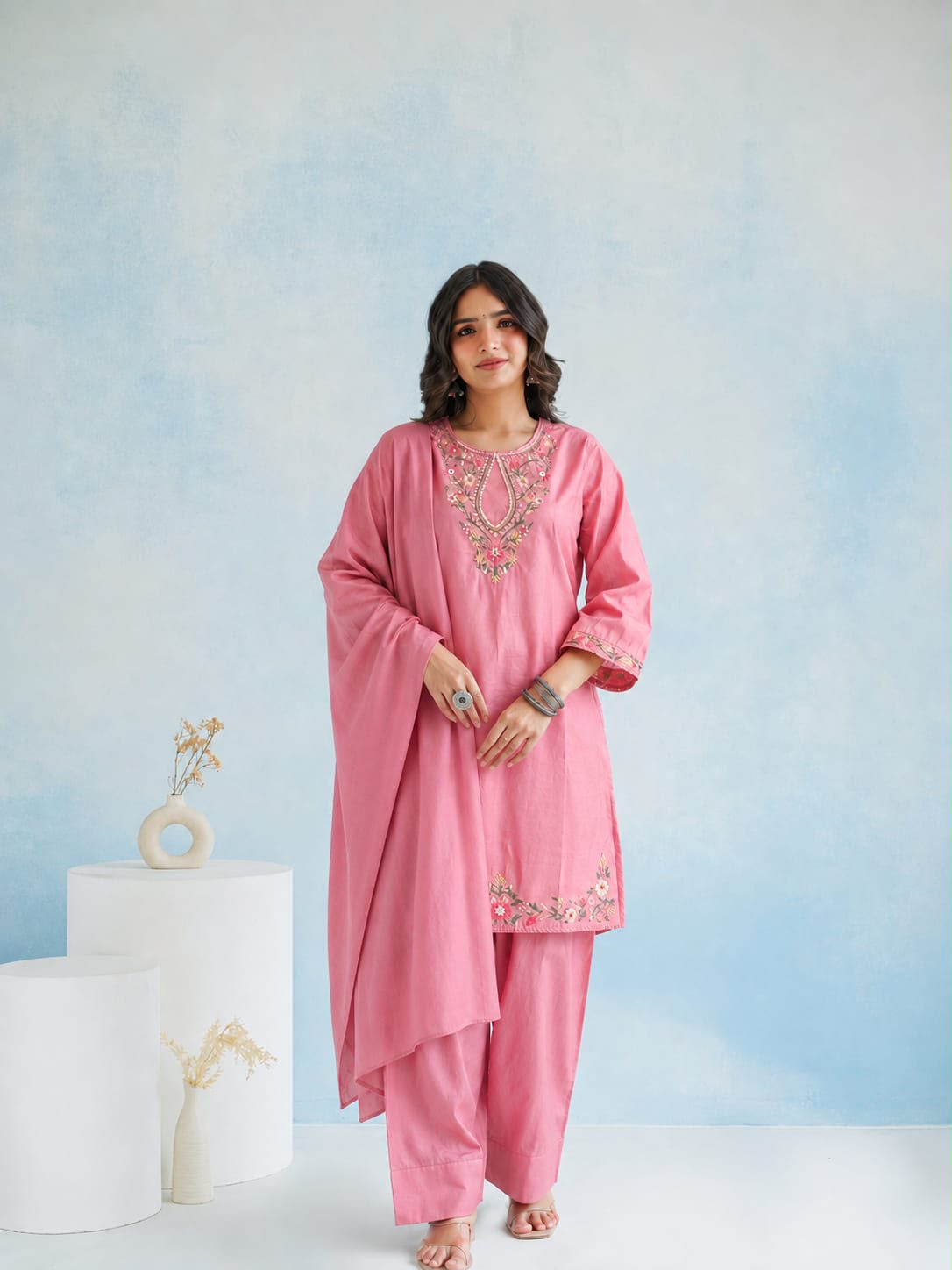 Zara Fully Embroidered Mul Chanderi Farshi Set - PINK
