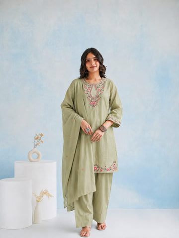 Zara Fully Embroidered Mul Chanderi Farshi Set - PISTA GREEN