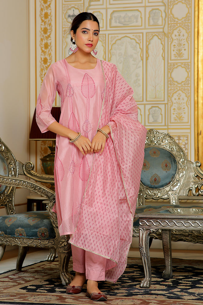 Aanya — Pink Embroidered Kurta Set with Printed Dupatta