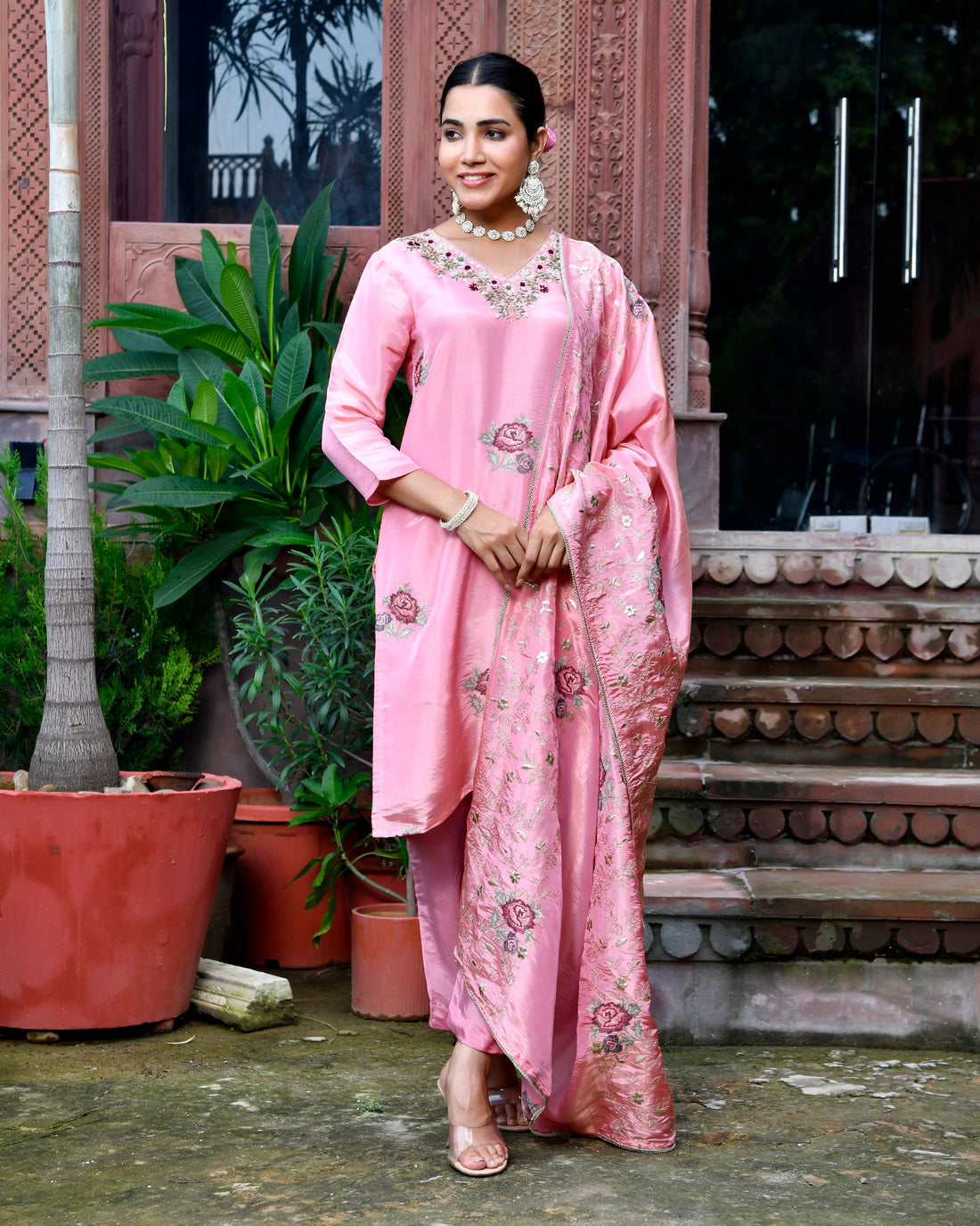 Tara Floral Embroidered Kurta Set with Dupatta - PINK