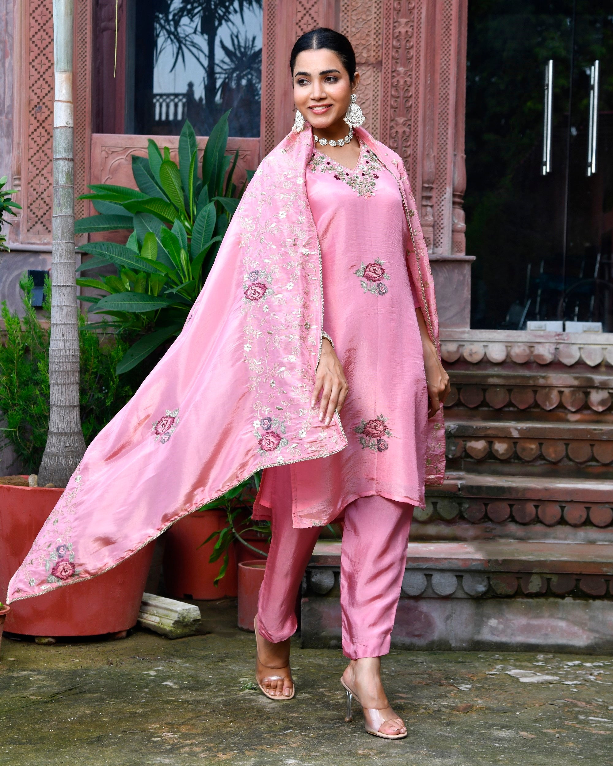 Tara Floral Embroidered Kurta Set with Dupatta - PINK