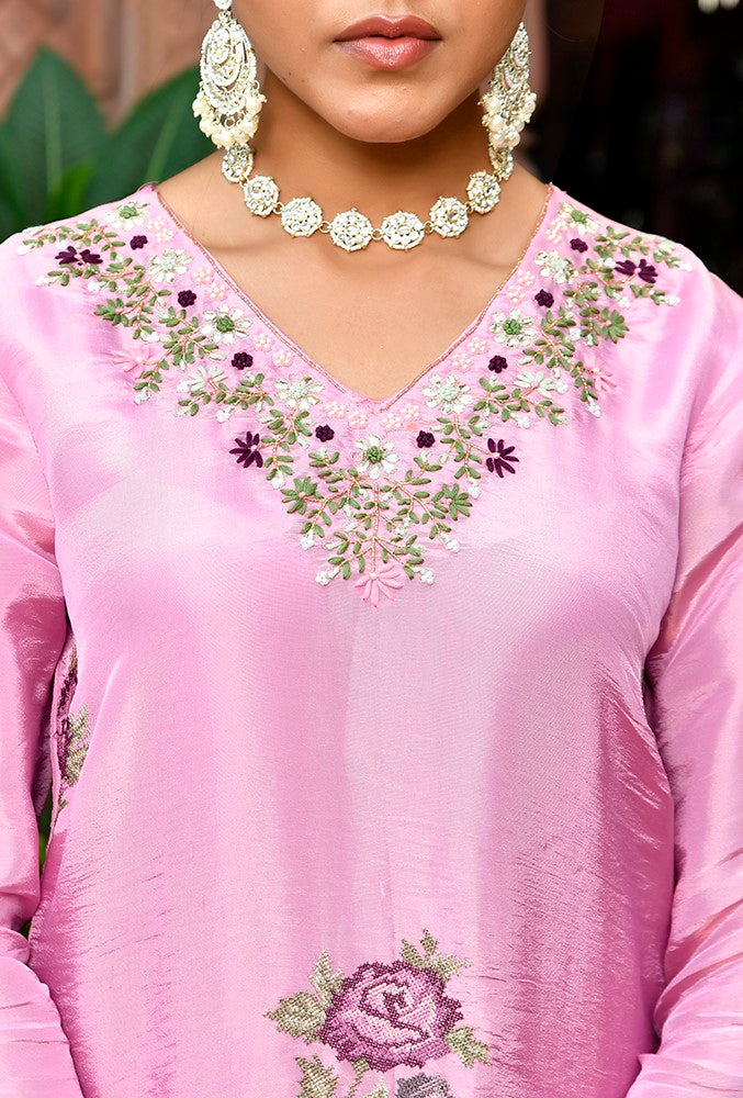 Tara Floral Embroidered Kurta Set with Dupatta - PINK