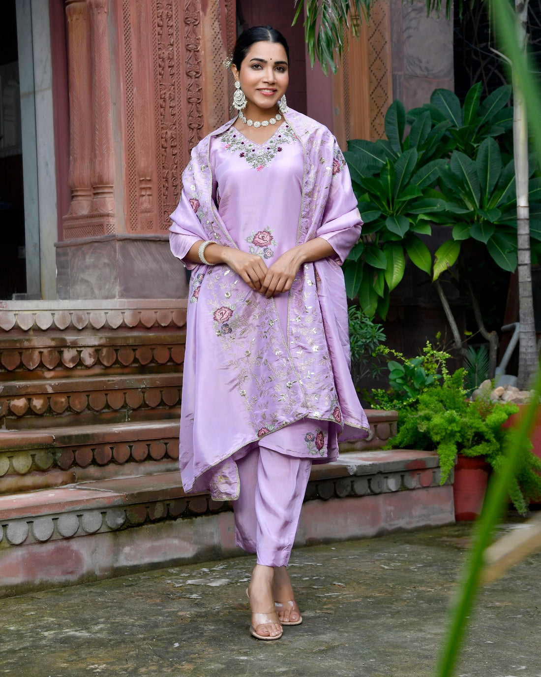 Tara Floral Embroidered Kurta Set with Dupatta - LAVENDER