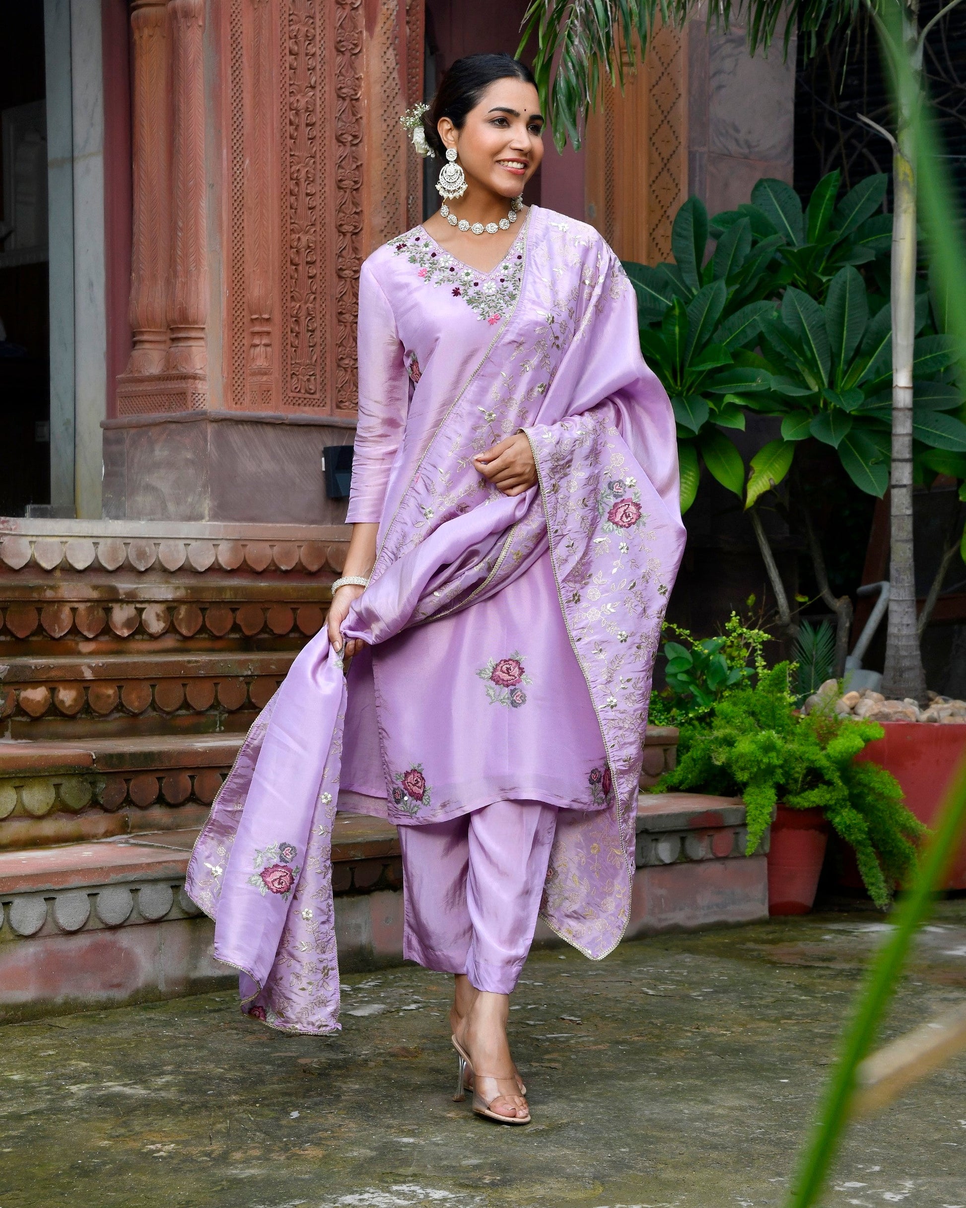 Tara Floral Embroidered Kurta Set with Dupatta - LAVENDER