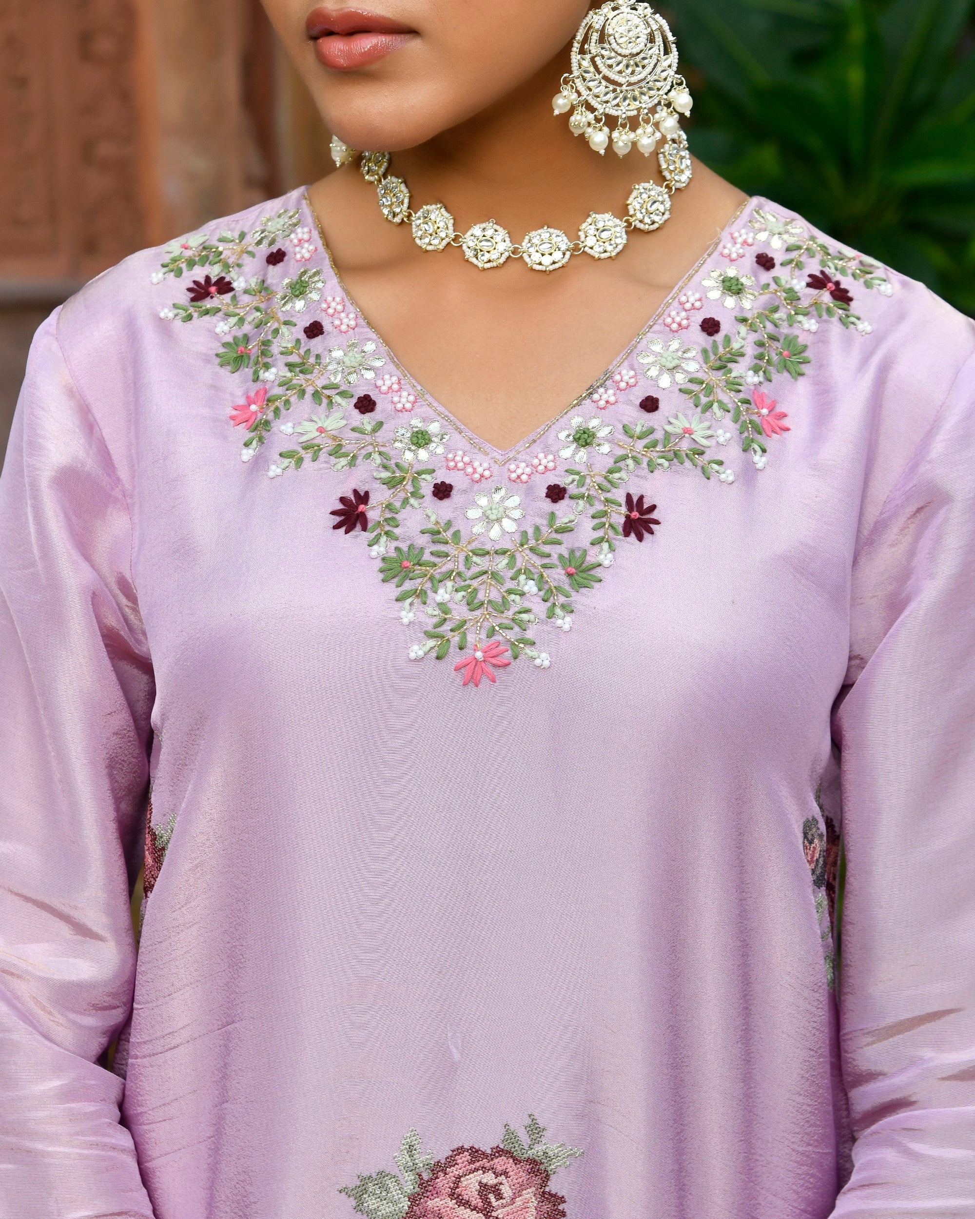 Tara Floral Embroidered Kurta Set with Dupatta - LAVENDER