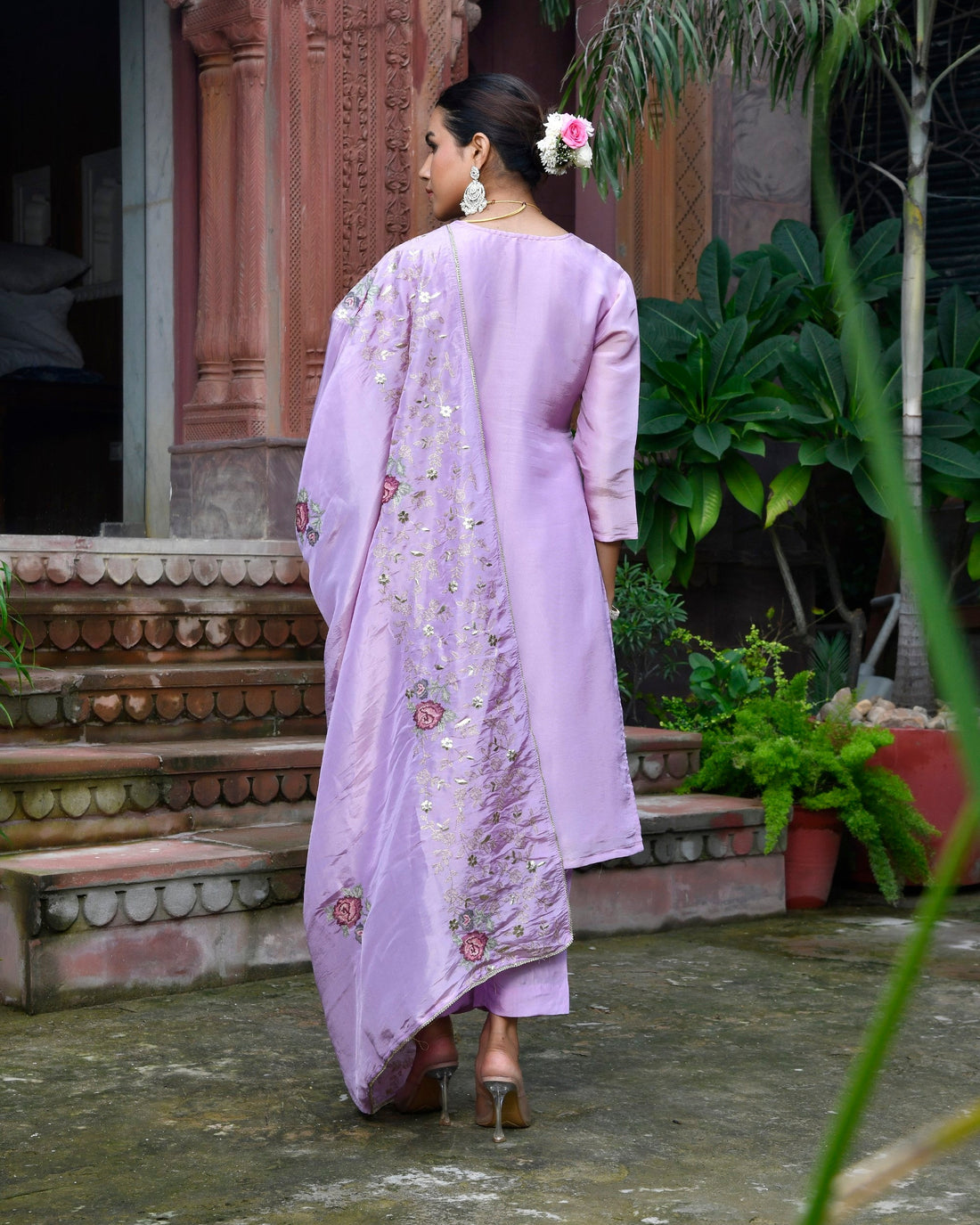 Tara Floral Embroidered Kurta Set with Dupatta - LAVENDER