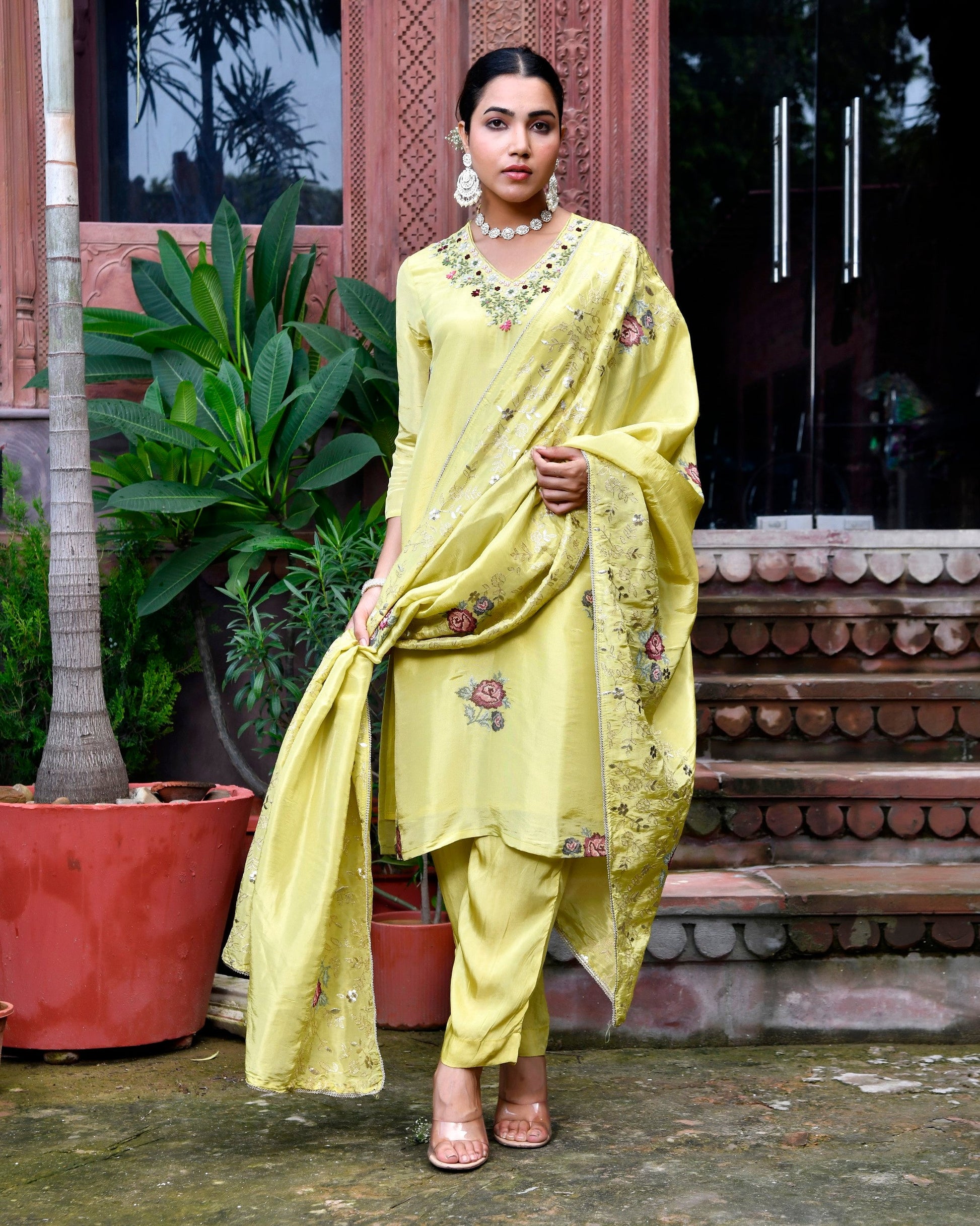 Tara Floral Embroidered Kurta Set with Dupatta - PARROT GREEN