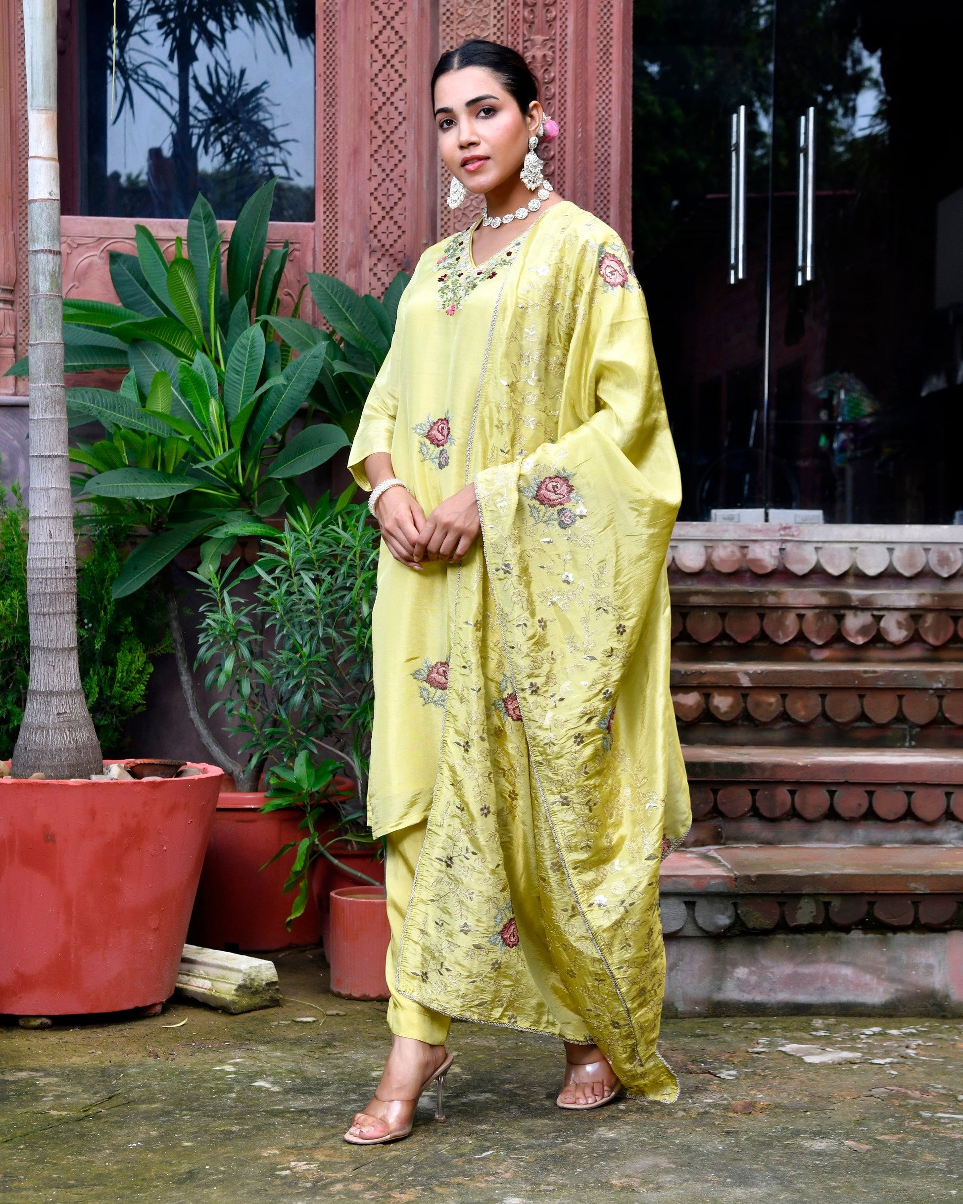 Tara Floral Embroidered Kurta Set with Dupatta - PARROT GREEN