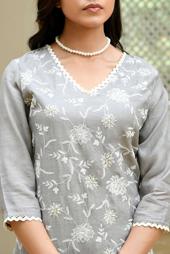 Mira Floral Embroidered Kurta Set with Organza Dupatta - GREY