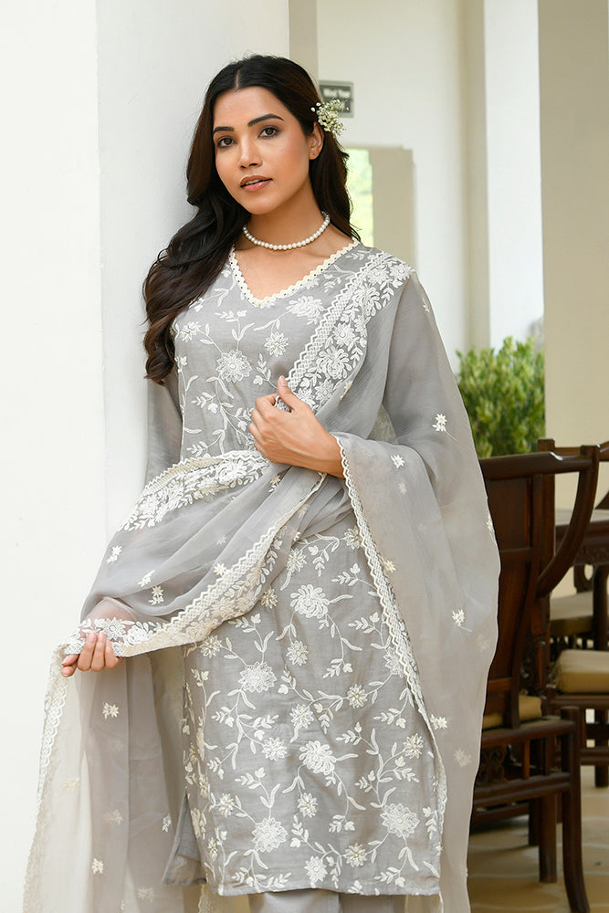 Mira Floral Embroidered Kurta Set with Organza Dupatta - GREY