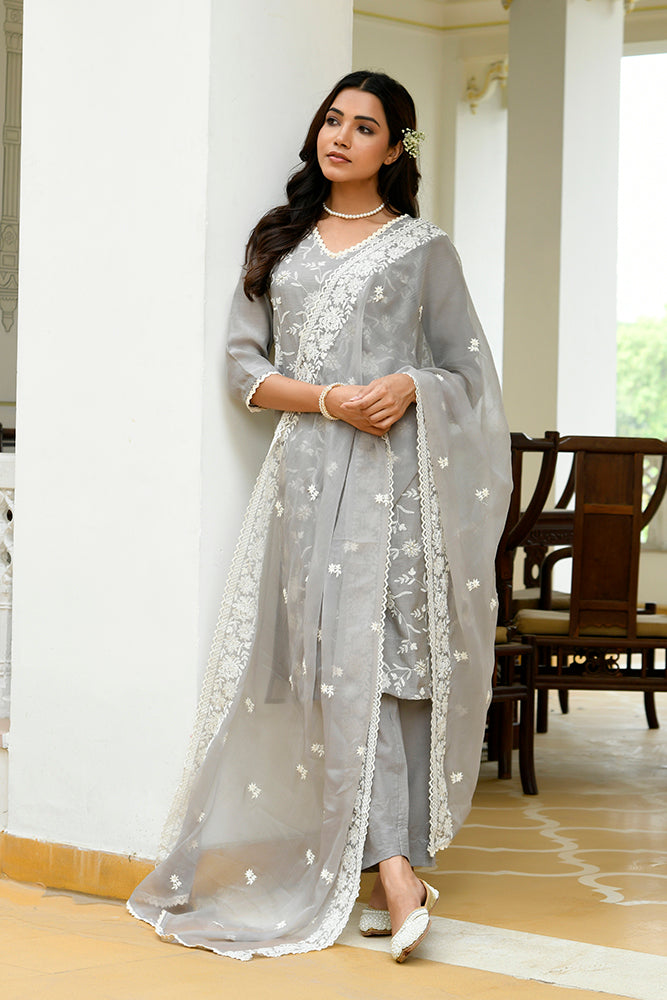 Mira Floral Embroidered Kurta Set with Organza Dupatta - GREY