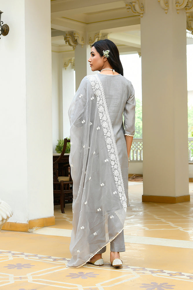 Mira Floral Embroidered Kurta Set with Organza Dupatta - GREY