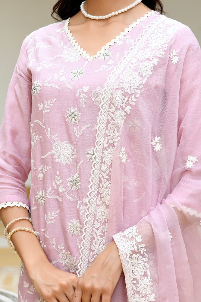 Mira Floral Embroidered Kurta Set with Organza Dupatta - PALE PINK