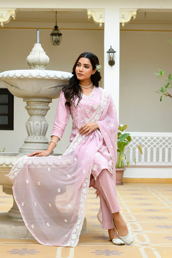 Mira Floral Embroidered Kurta Set with Organza Dupatta - PALE PINK