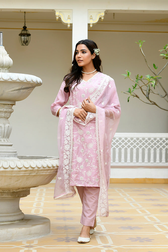 Mira Floral Embroidered Kurta Set with Organza Dupatta - PALE PINK
