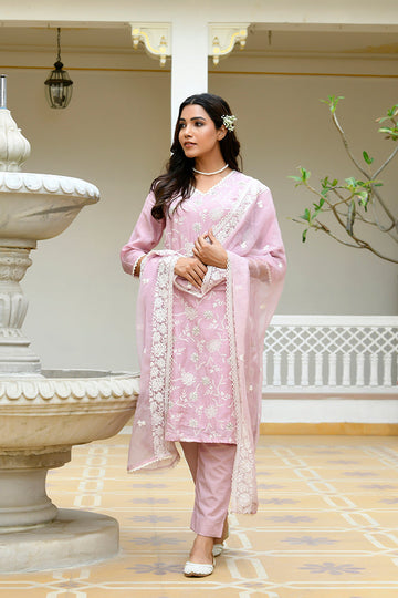 Mira Floral Embroidered Kurta Set with Organza Dupatta - PALE PINK