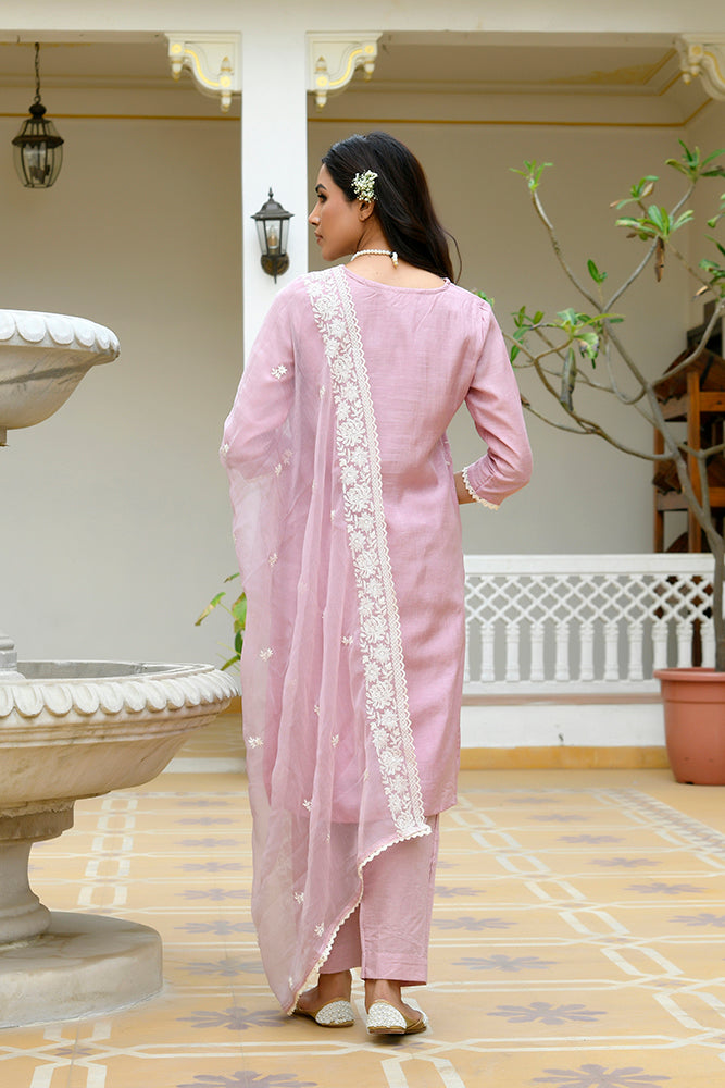 Mira Floral Embroidered Kurta Set with Organza Dupatta - PALE PINK