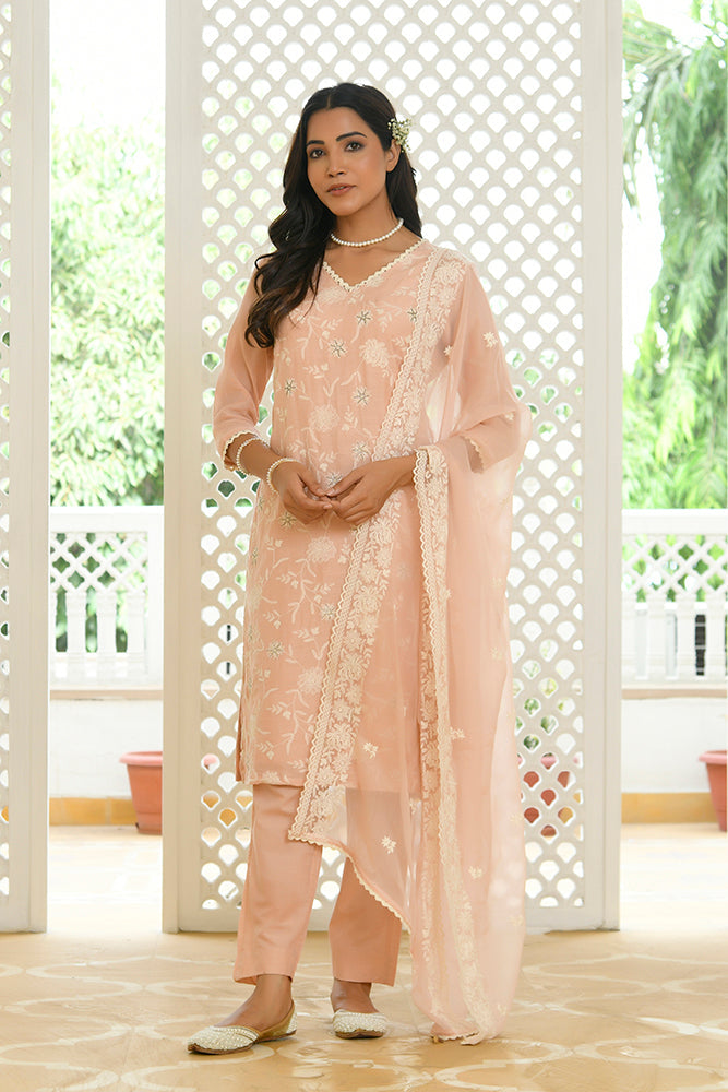 Mira Floral Embroidered Kurta Set with Organza Dupatta - PEACH