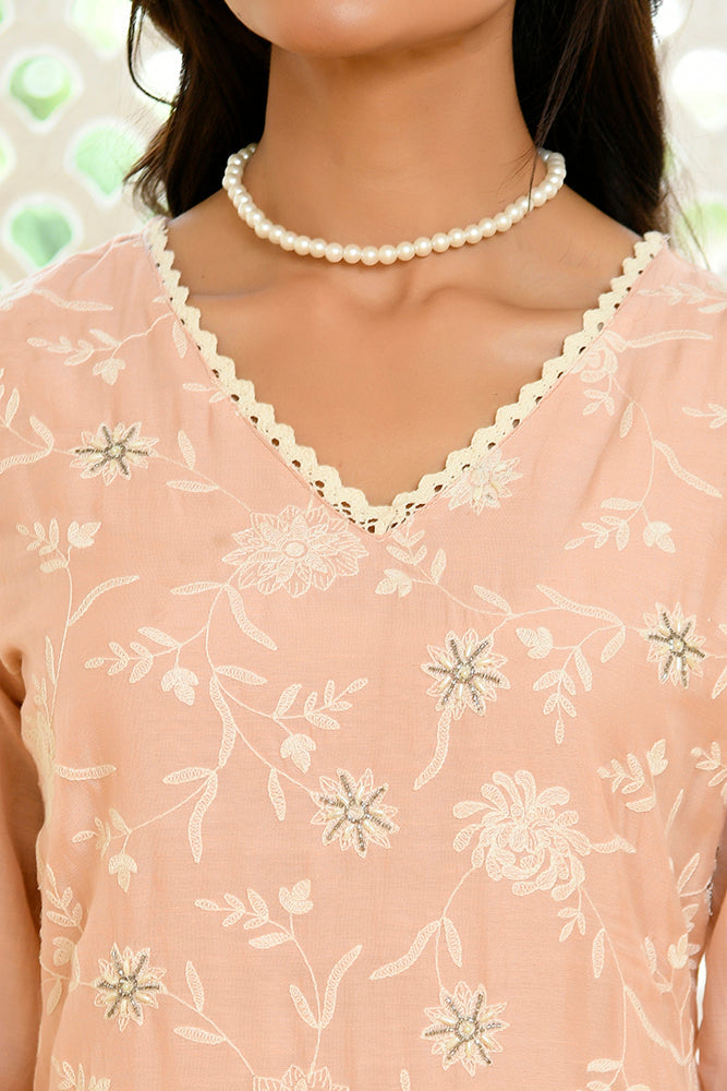 Mira Floral Embroidered Kurta Set with Organza Dupatta - PEACH