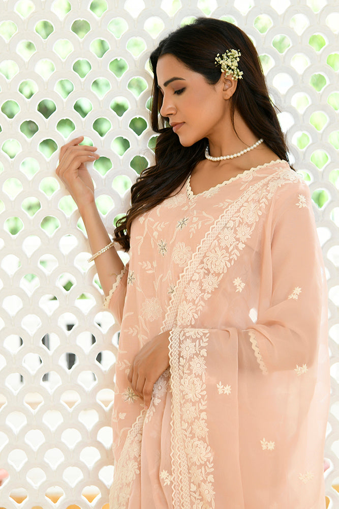 Mira Floral Embroidered Kurta Set with Organza Dupatta - PEACH