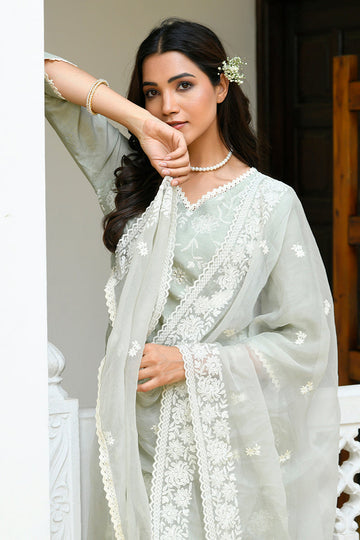 Mira Floral Embroidered Kurta Set with Organza Dupatta - PISTA