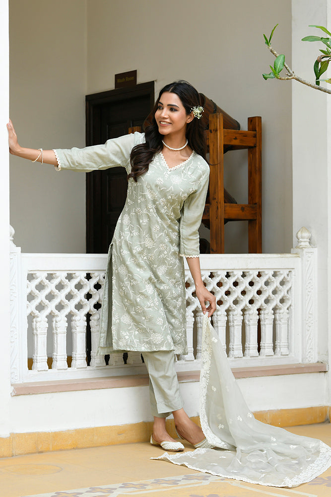 Mira Floral Embroidered Kurta Set with Organza Dupatta - PISTA