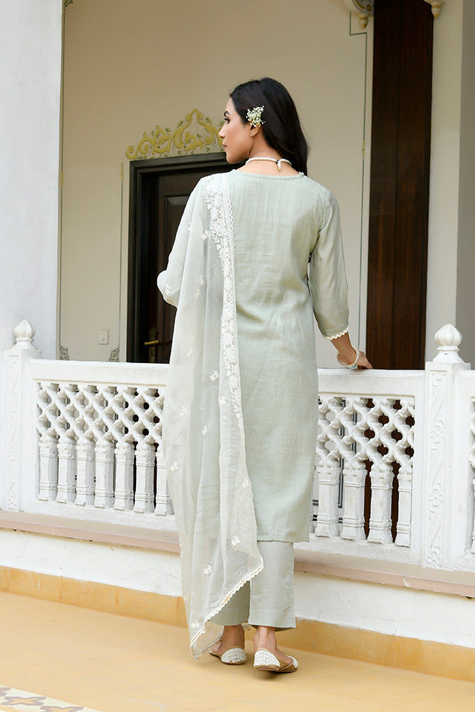 Mira Floral Embroidered Kurta Set with Organza Dupatta - PISTA