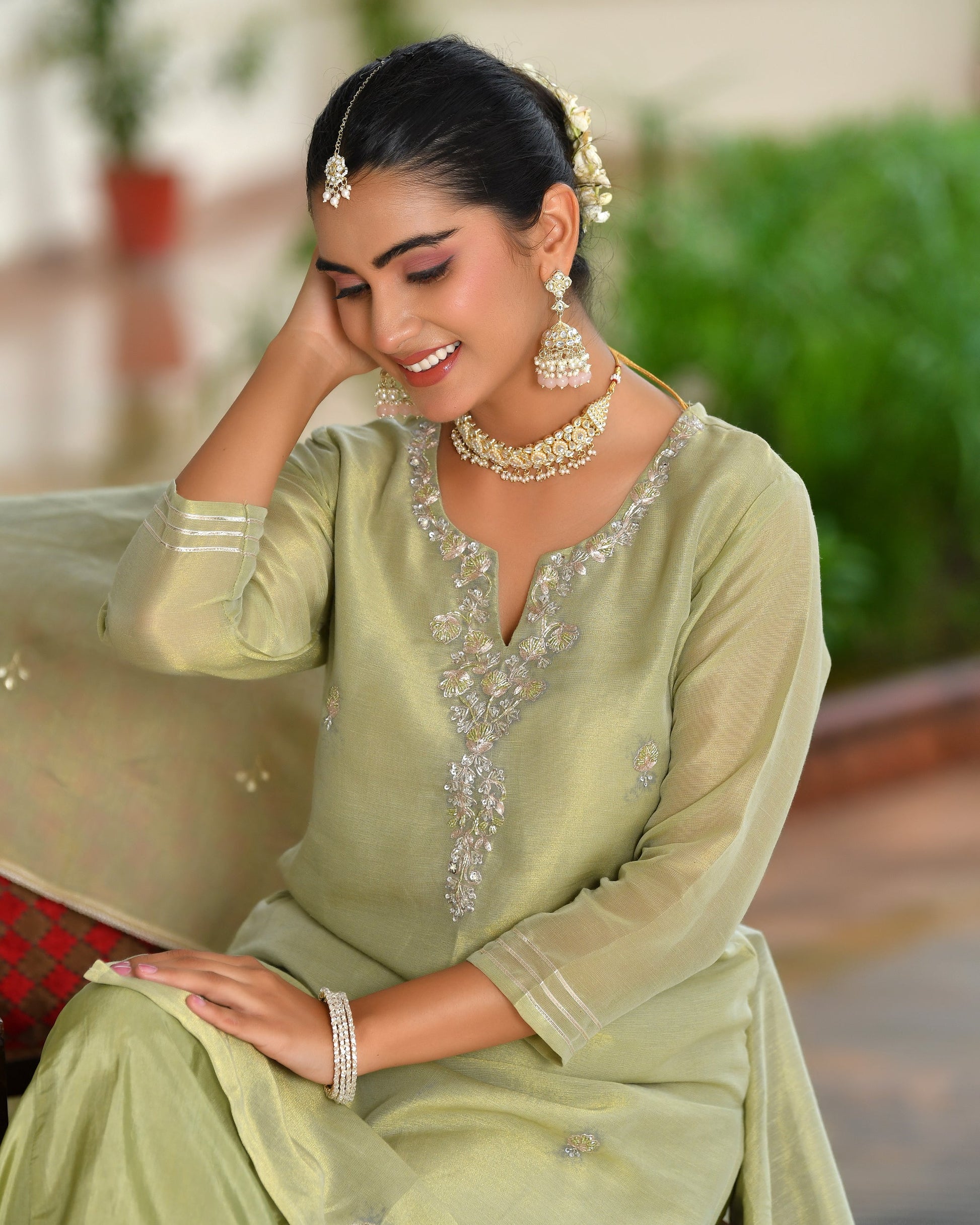 Vanya Tissue Shimmer Kurta Sharara Set with Dupatta - SAGE GREEN
