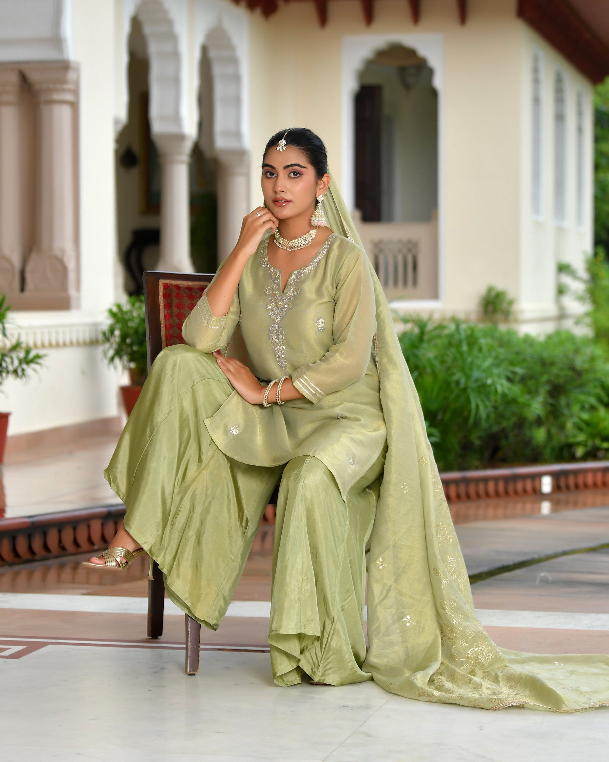 Vanya Tissue Shimmer Kurta Sharara Set with Dupatta - SAGE GREEN