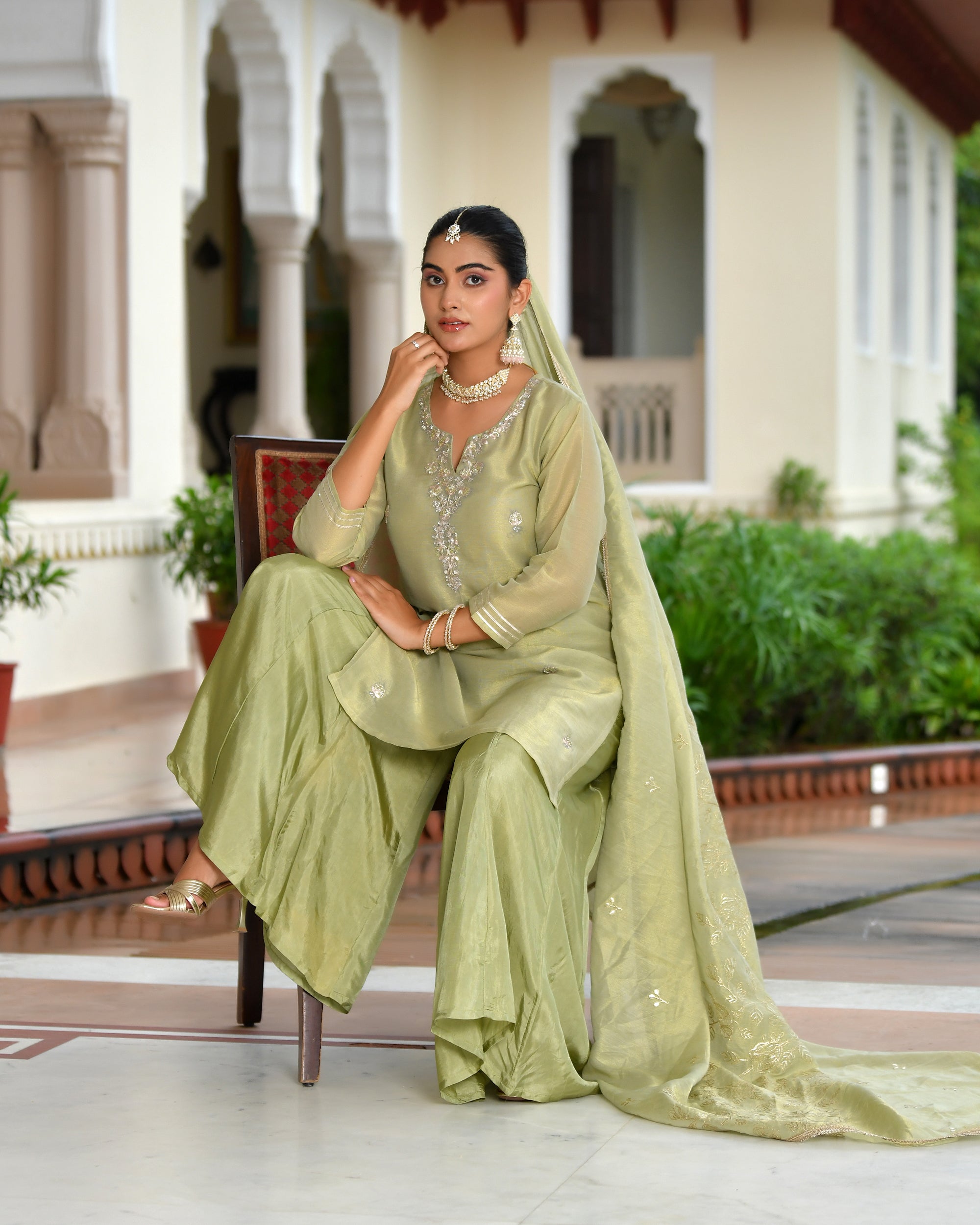 Vanya Tissue Shimmer Kurta Sharara Set with Dupatta - SAGE GREEN