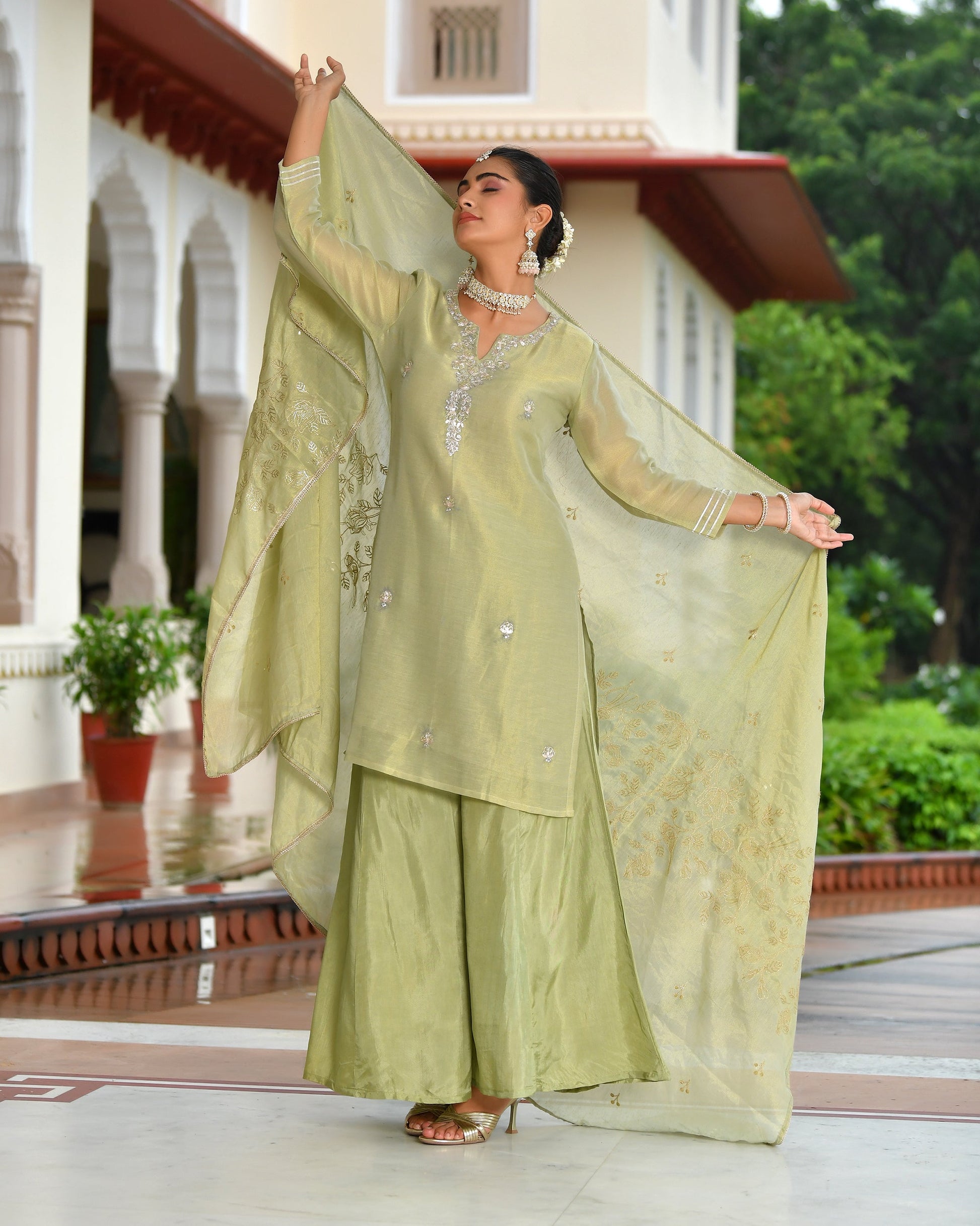 Vanya Tissue Shimmer Kurta Sharara Set with Dupatta - SAGE GREEN