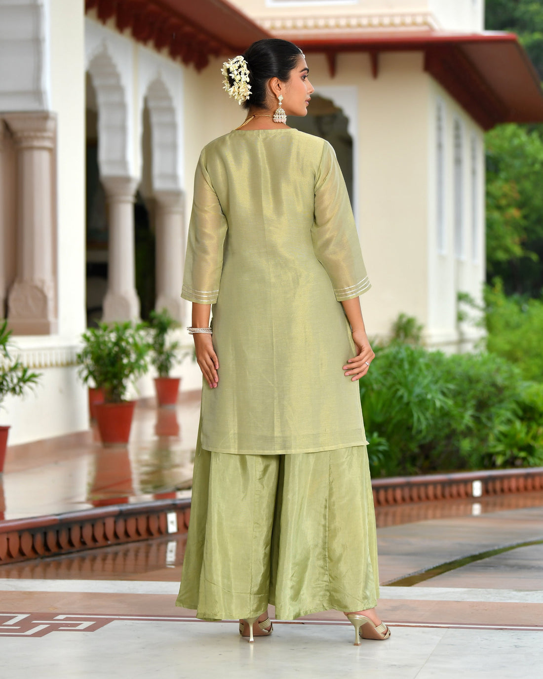 Vanya Tissue Shimmer Kurta Sharara Set with Dupatta - SAGE GREEN
