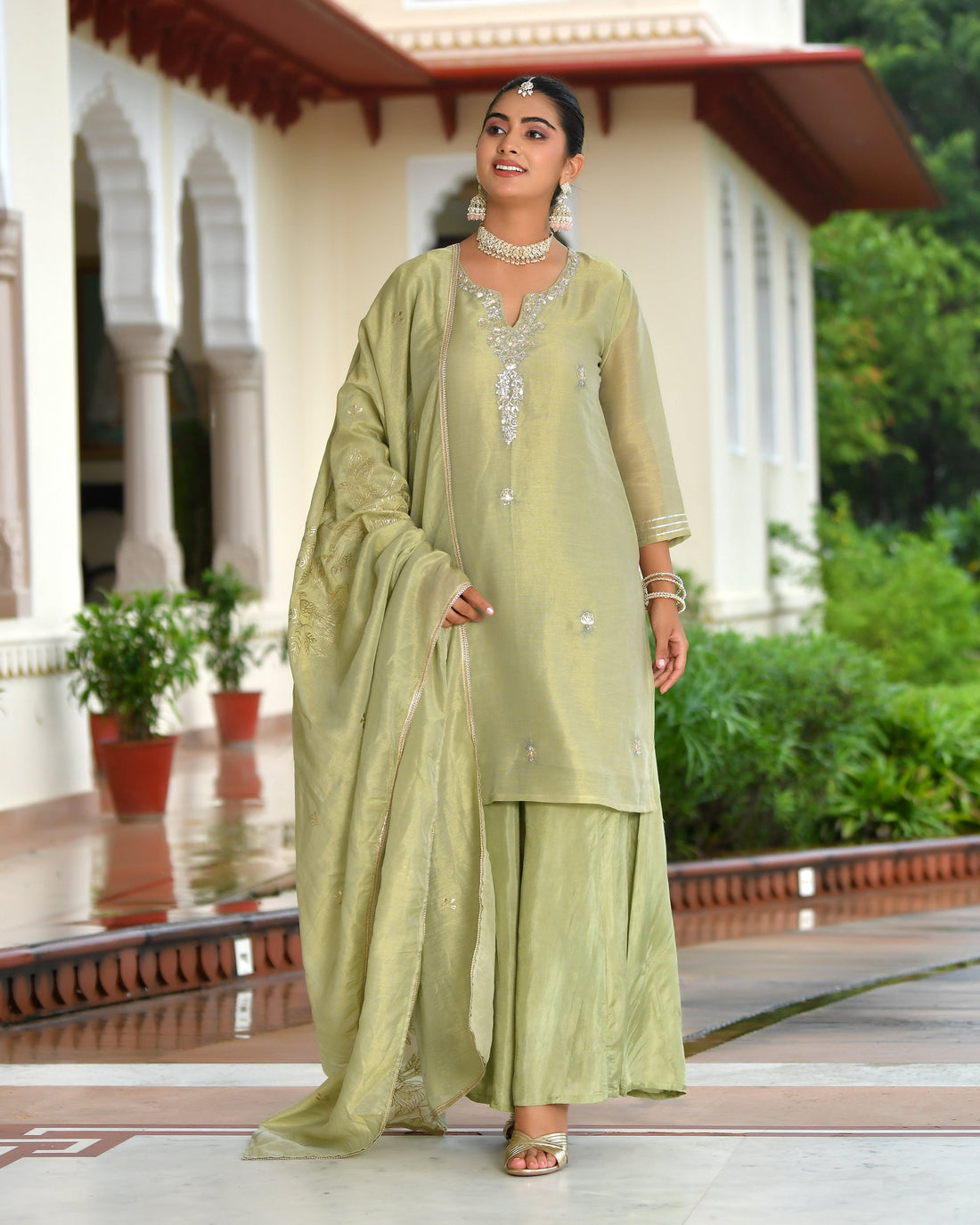Vanya Tissue Shimmer Kurta Sharara Set with Dupatta - SAGE GREEN