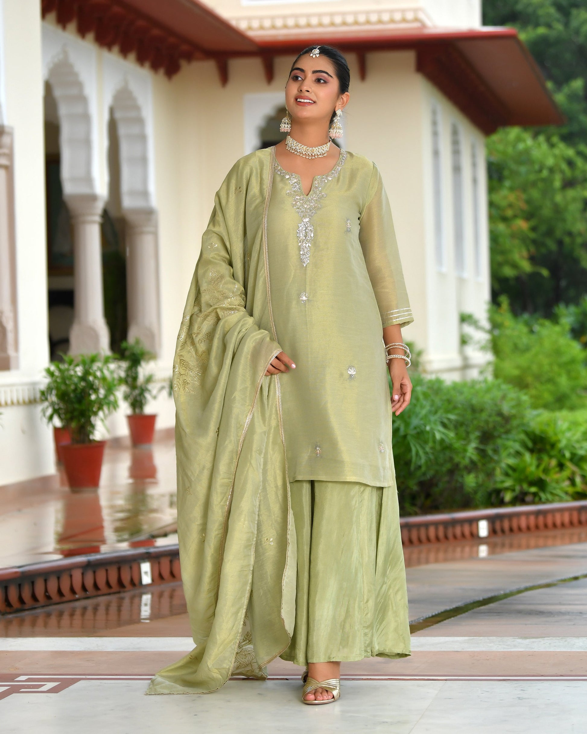 Vanya Tissue Shimmer Kurta Sharara Set with Dupatta - SAGE GREEN