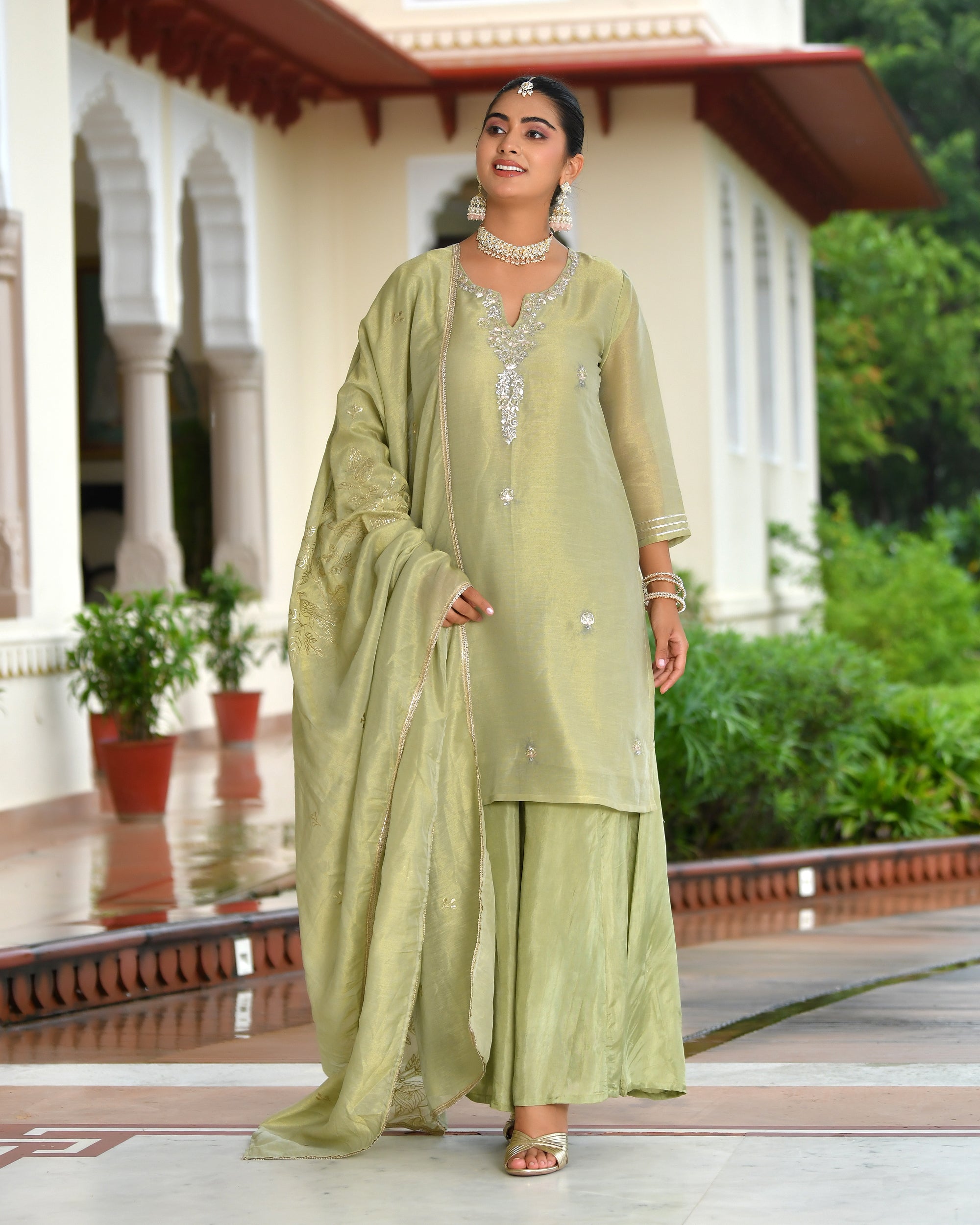 Vanya Tissue Shimmer Kurta Sharara Set with Dupatta - SAGE GREEN